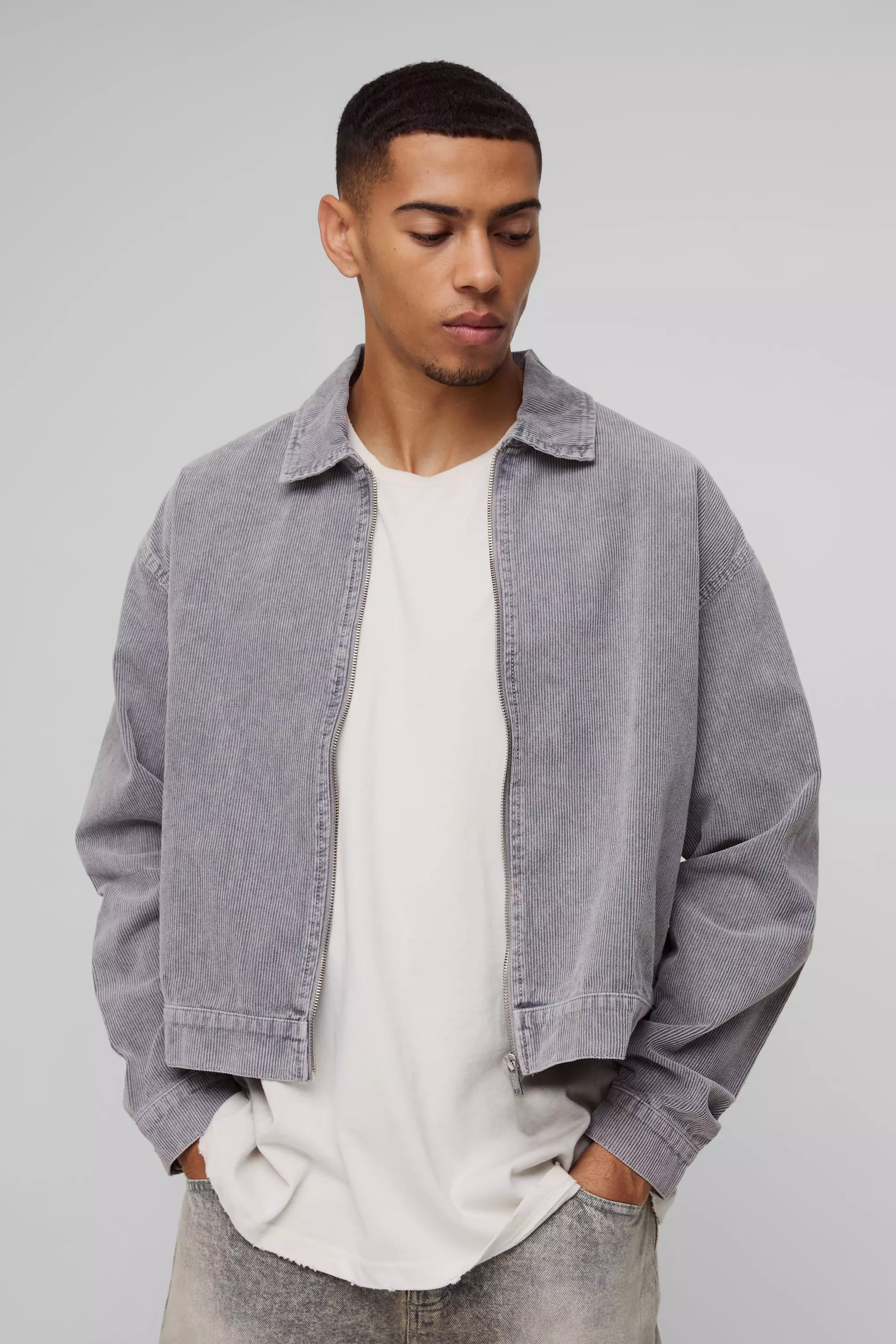 Charcoal Grey Boxy Acid Wash Cord Bomber Jacket