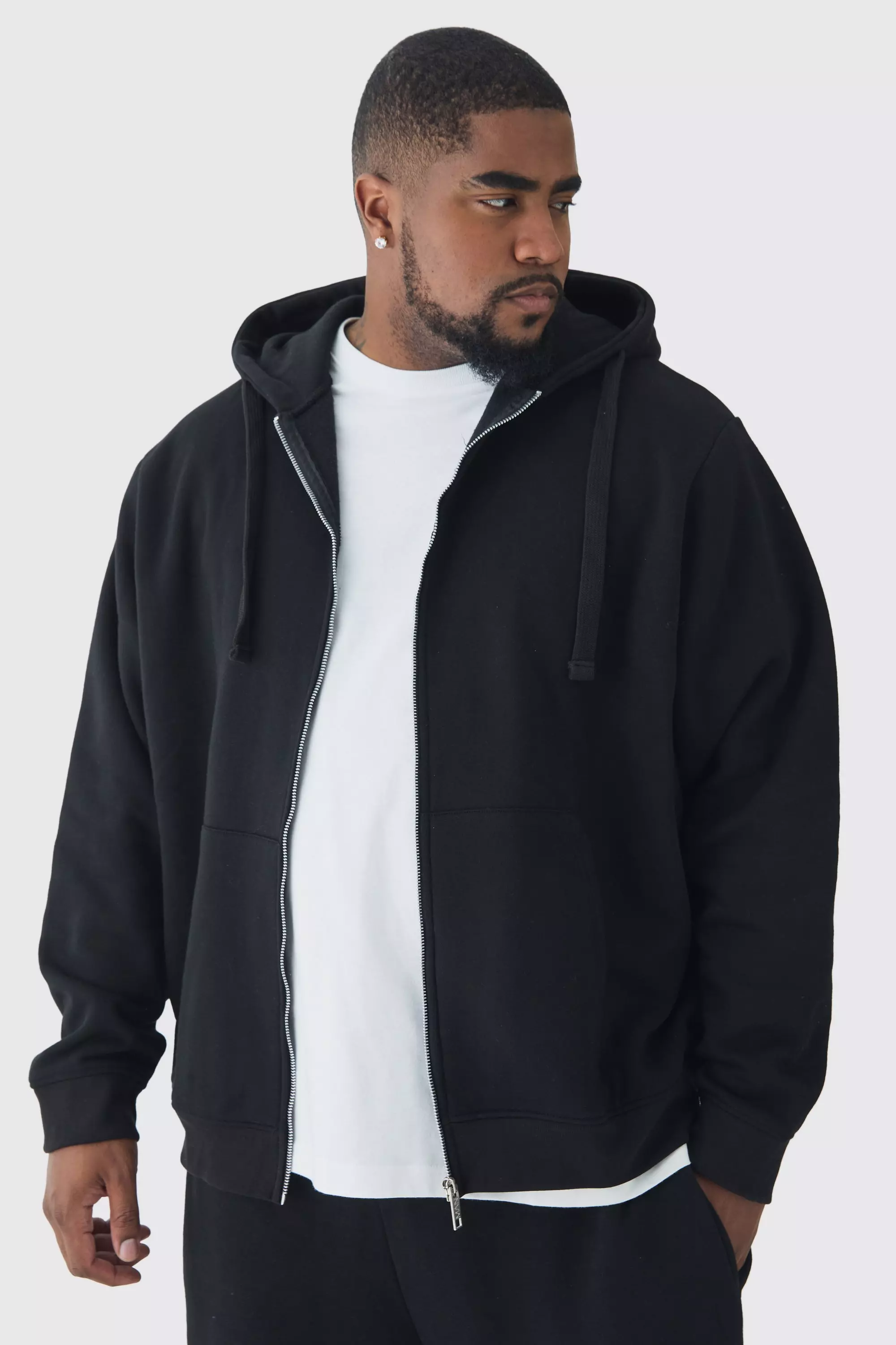 Black 330GSM Plus Regular Fit Zip Through Hoodie in Black