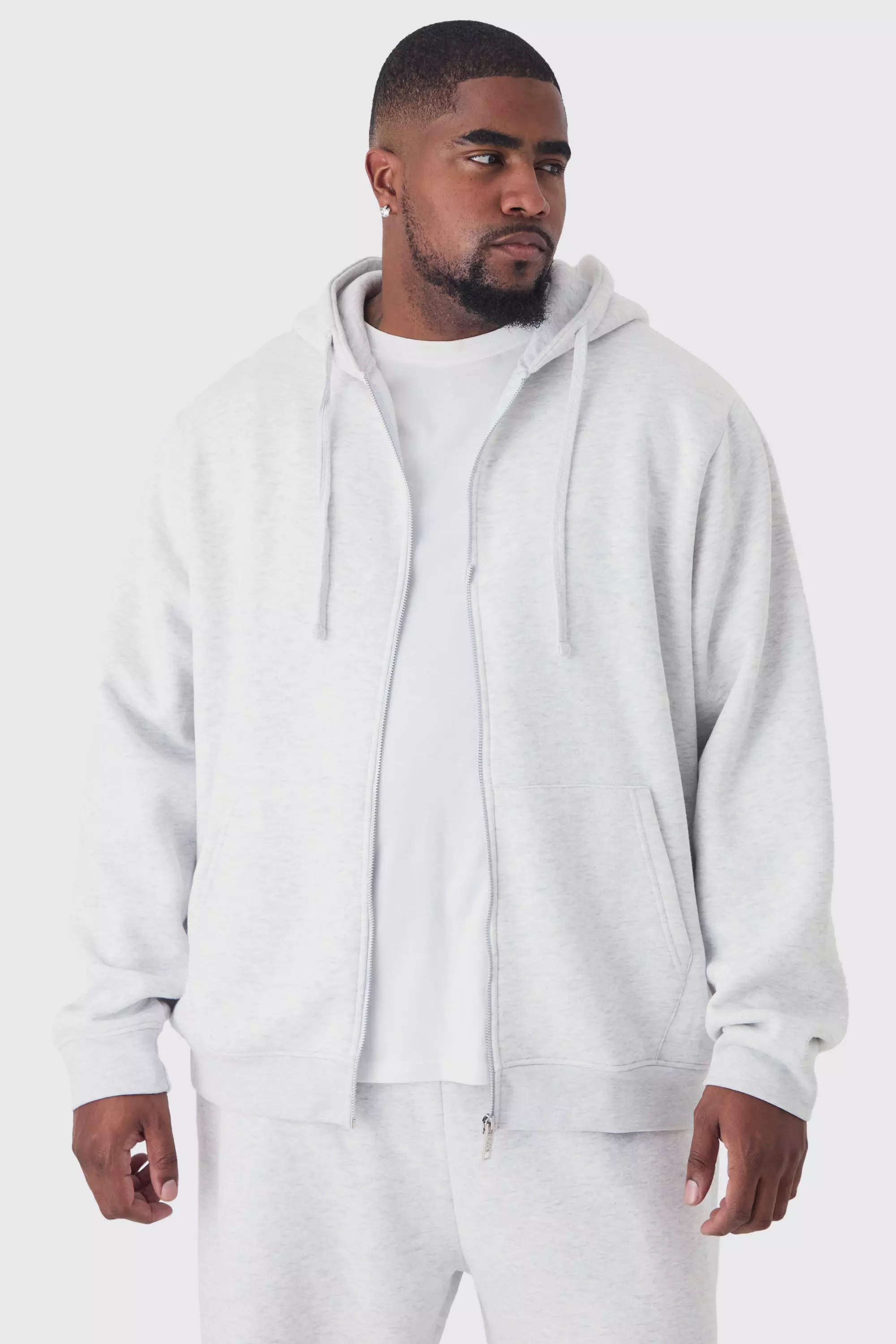 Grey 330GSM Plus Regular Fit Zip Through Hoodie in Grey Marl