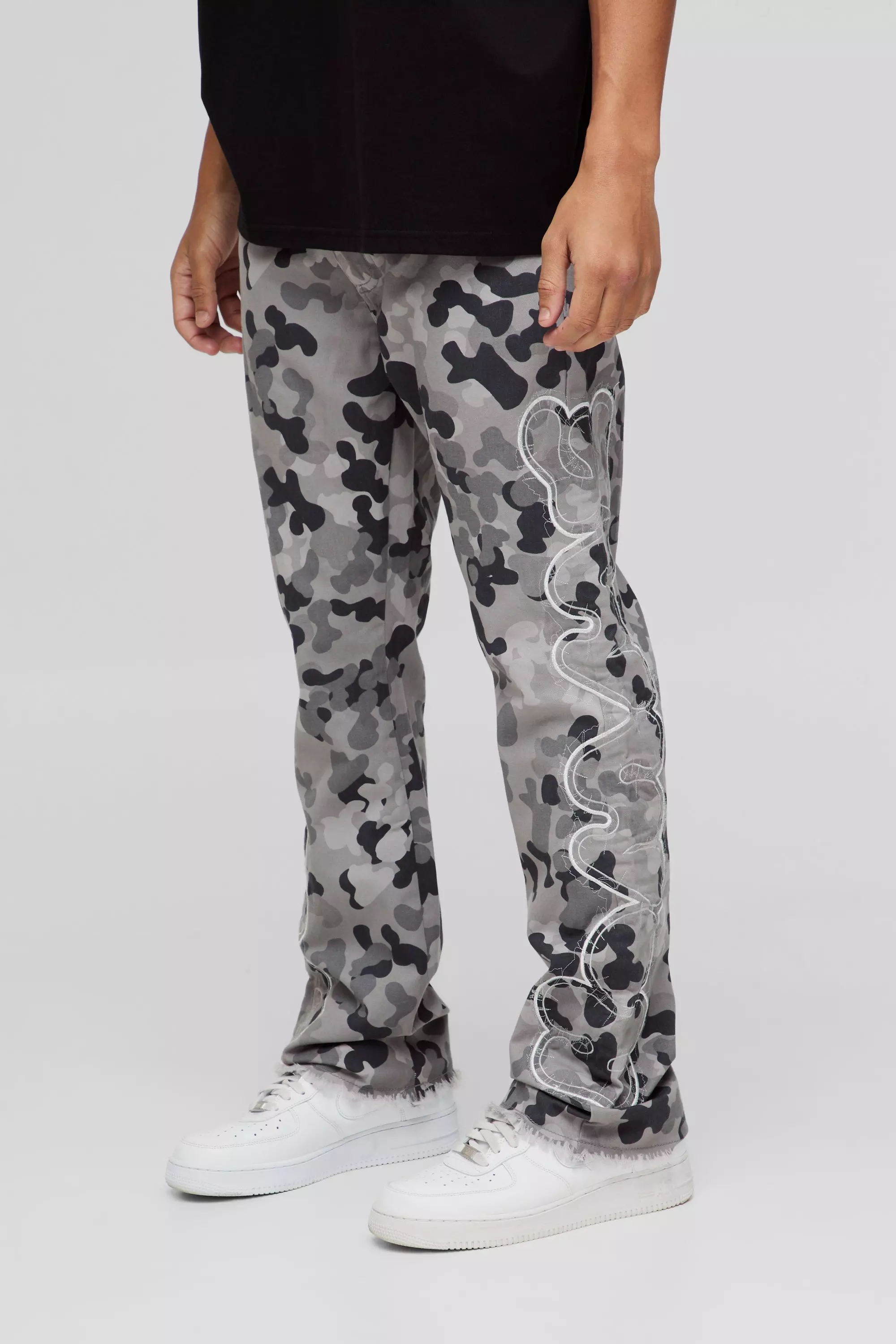 Self Applique Gusset Detail Camo Slim Fit Flared Trousers Grey