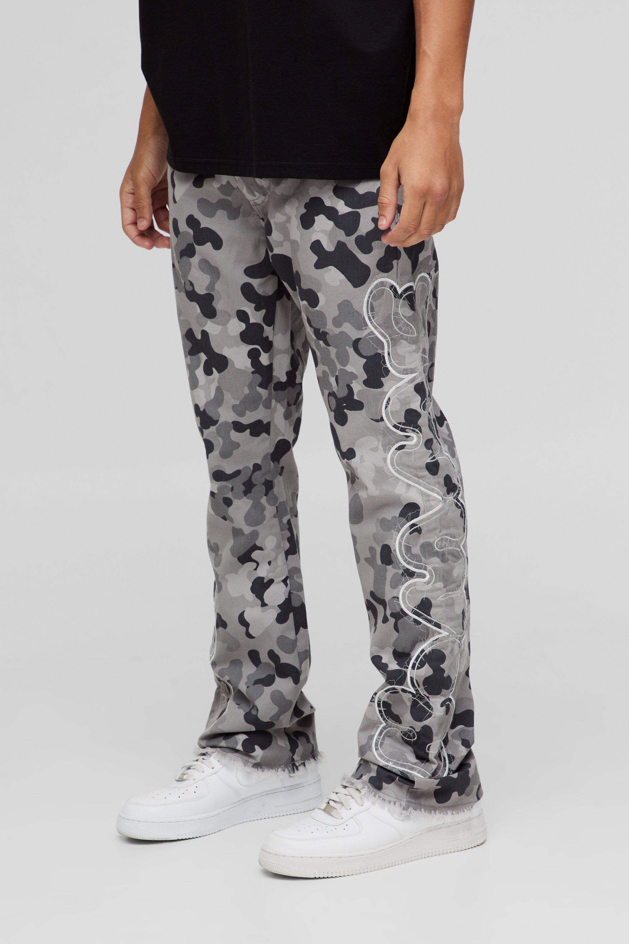 Self Applique Gusset Detail Camo Slim Fit Flared Pants | boohooMAN USA