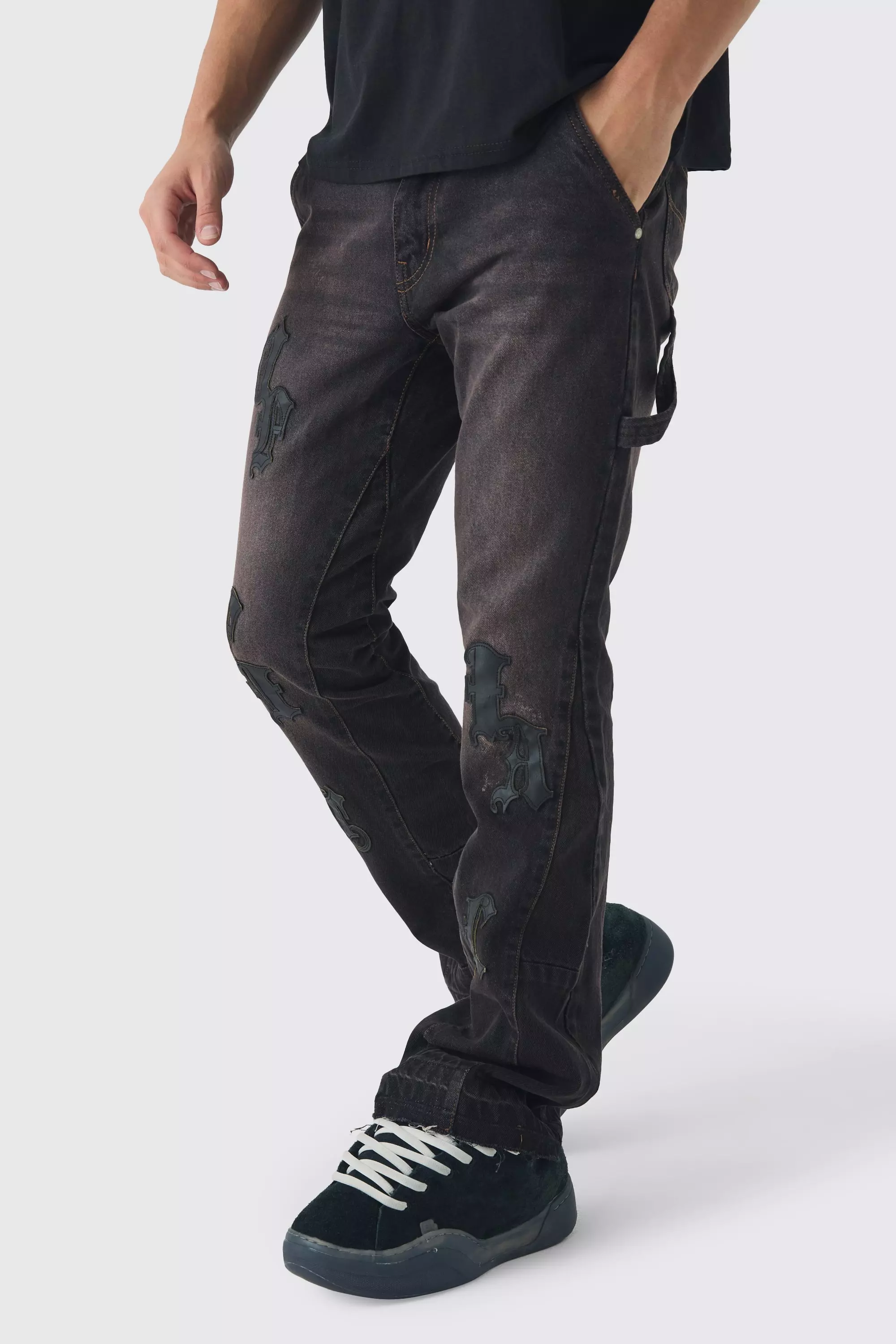 Brown PU Applique Gusset Flared Jeans alternative image