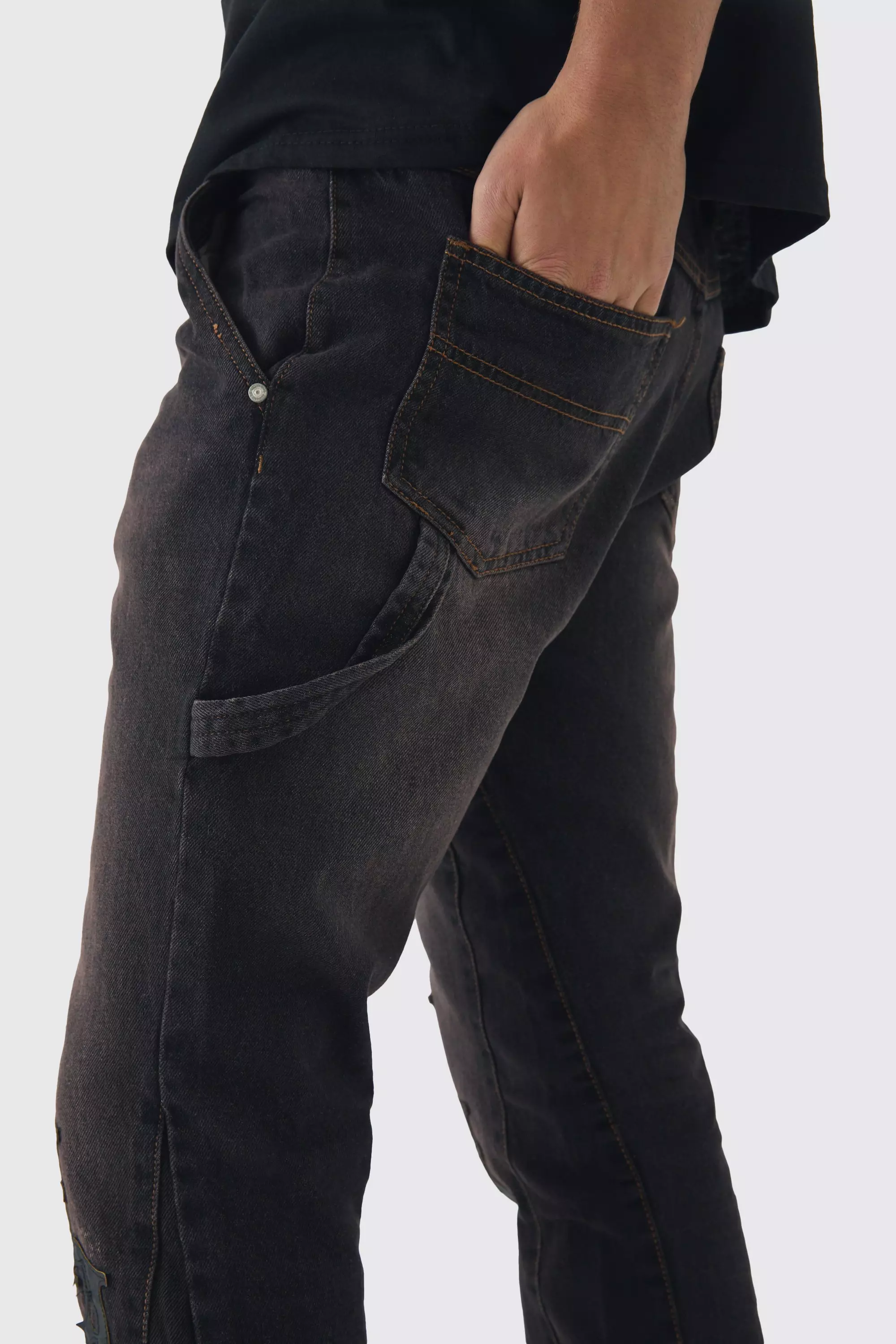 Brown PU Applique Gusset Flared Jeans alternative image