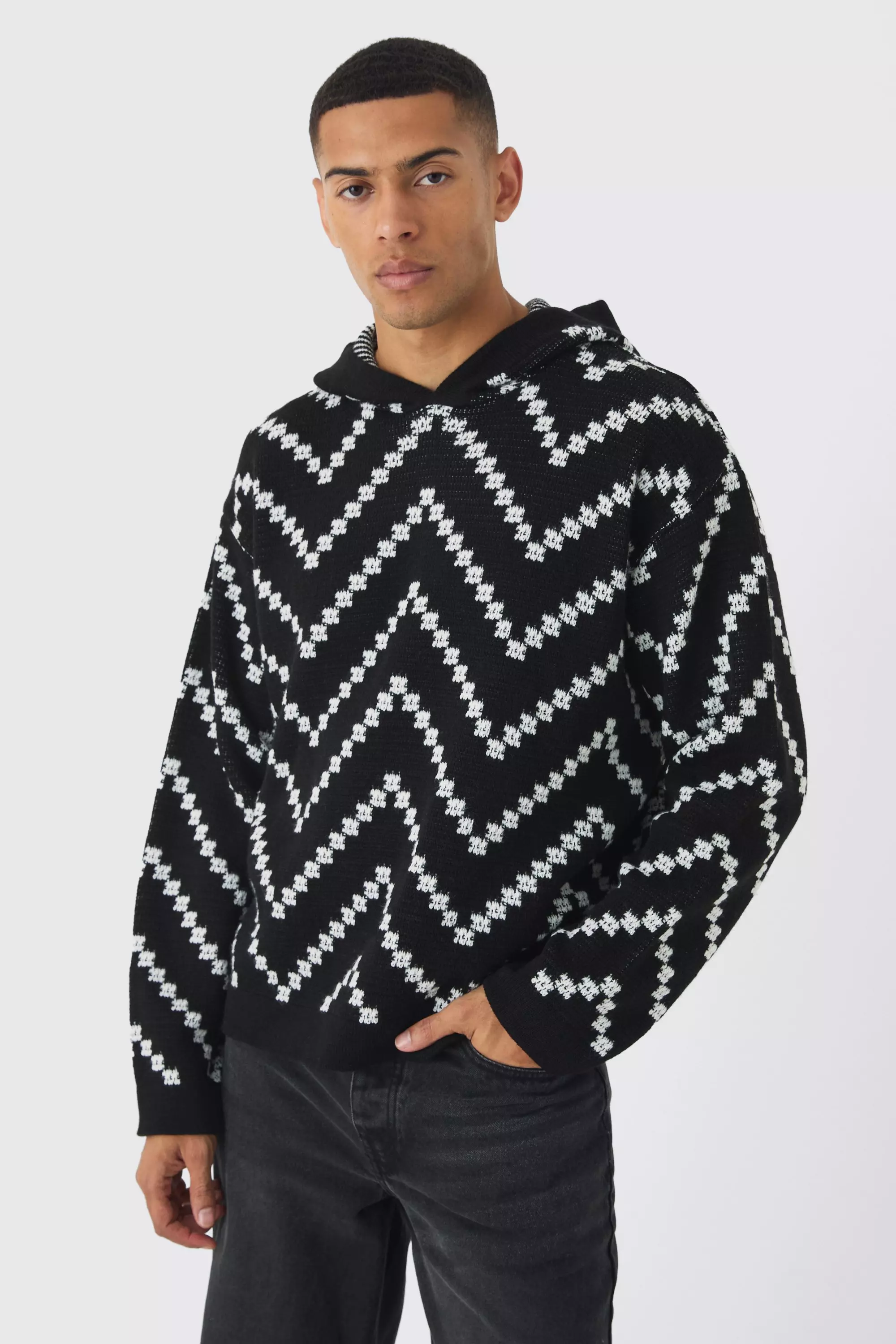 Oversized Boxy Stripe Knitted Hoodie Black