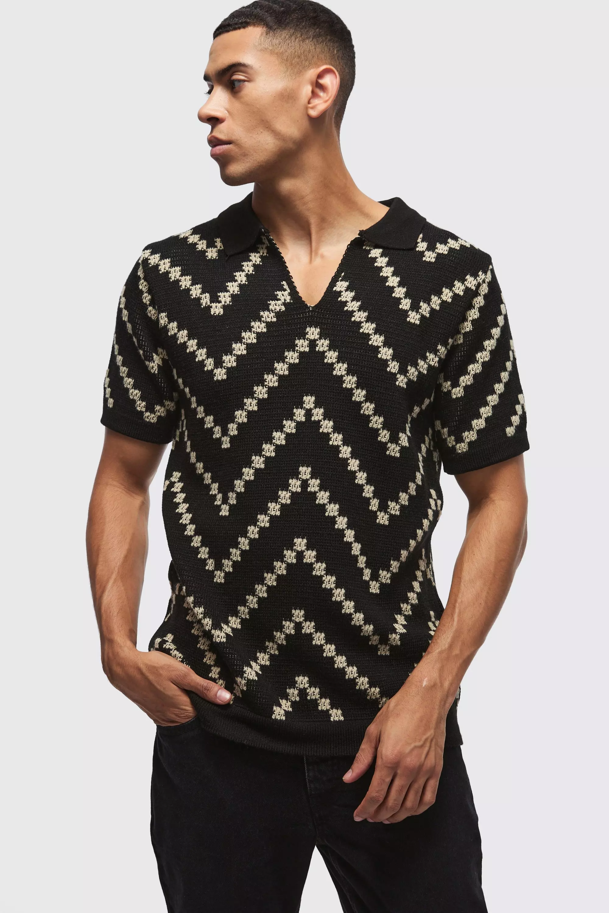 Polo In Maglia A Righe Con Scollo A V, Black immagine alternativa