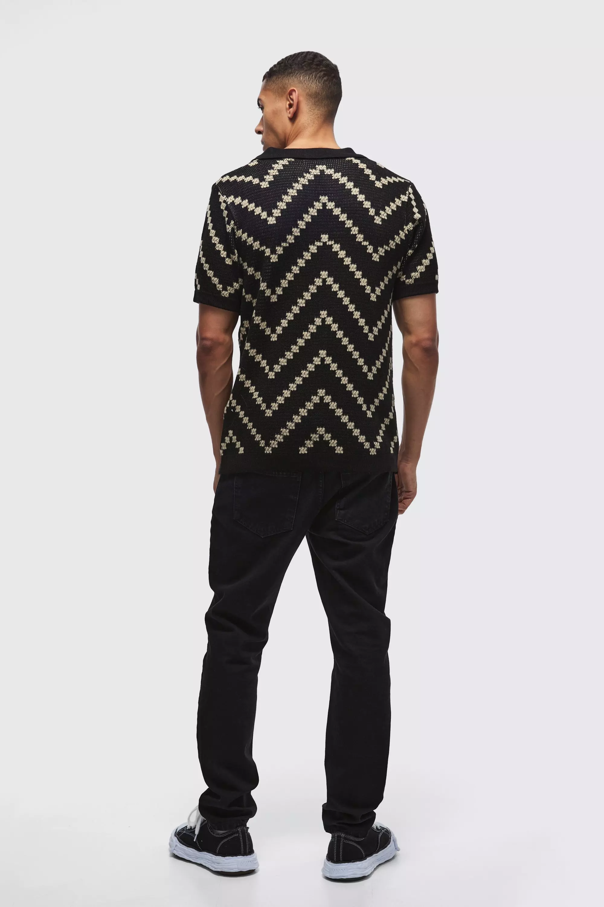 Polo In Maglia A Righe Con Scollo A V, Black immagine alternativa