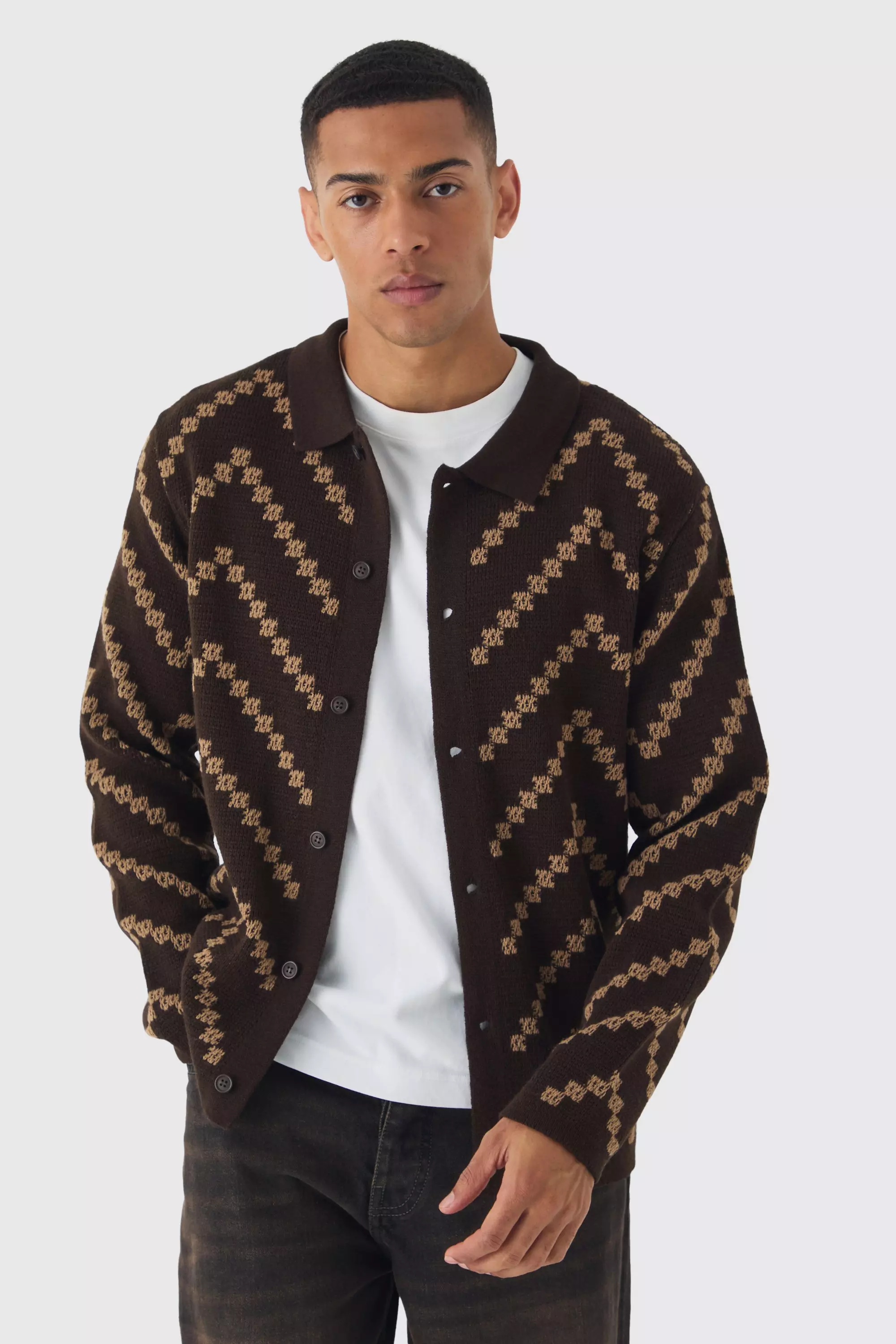 Long Sleeve Stripe Knit Shirt Brown