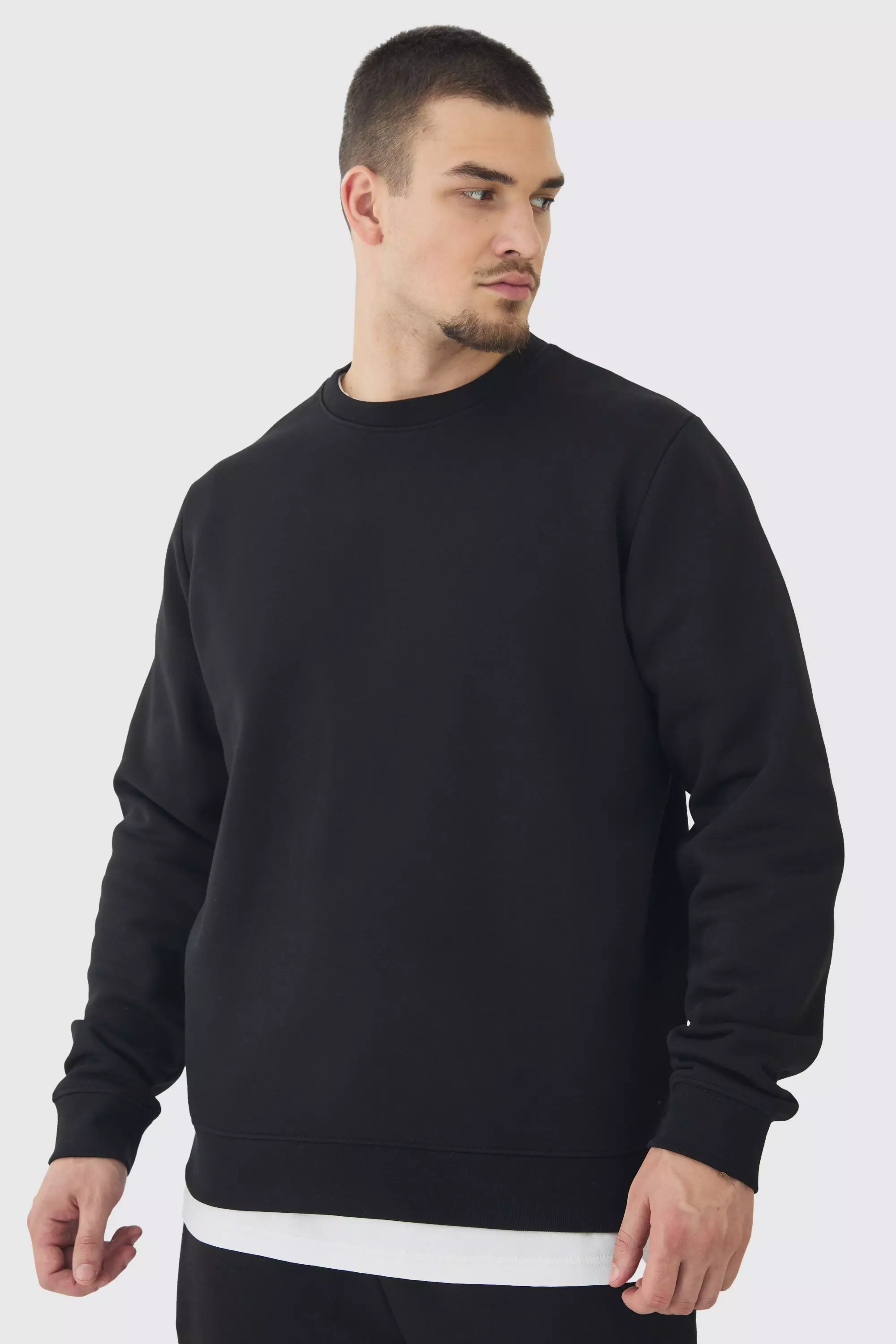 Black 330GSM Tall Regular Fit Crew Neck Sweatshirt In Black