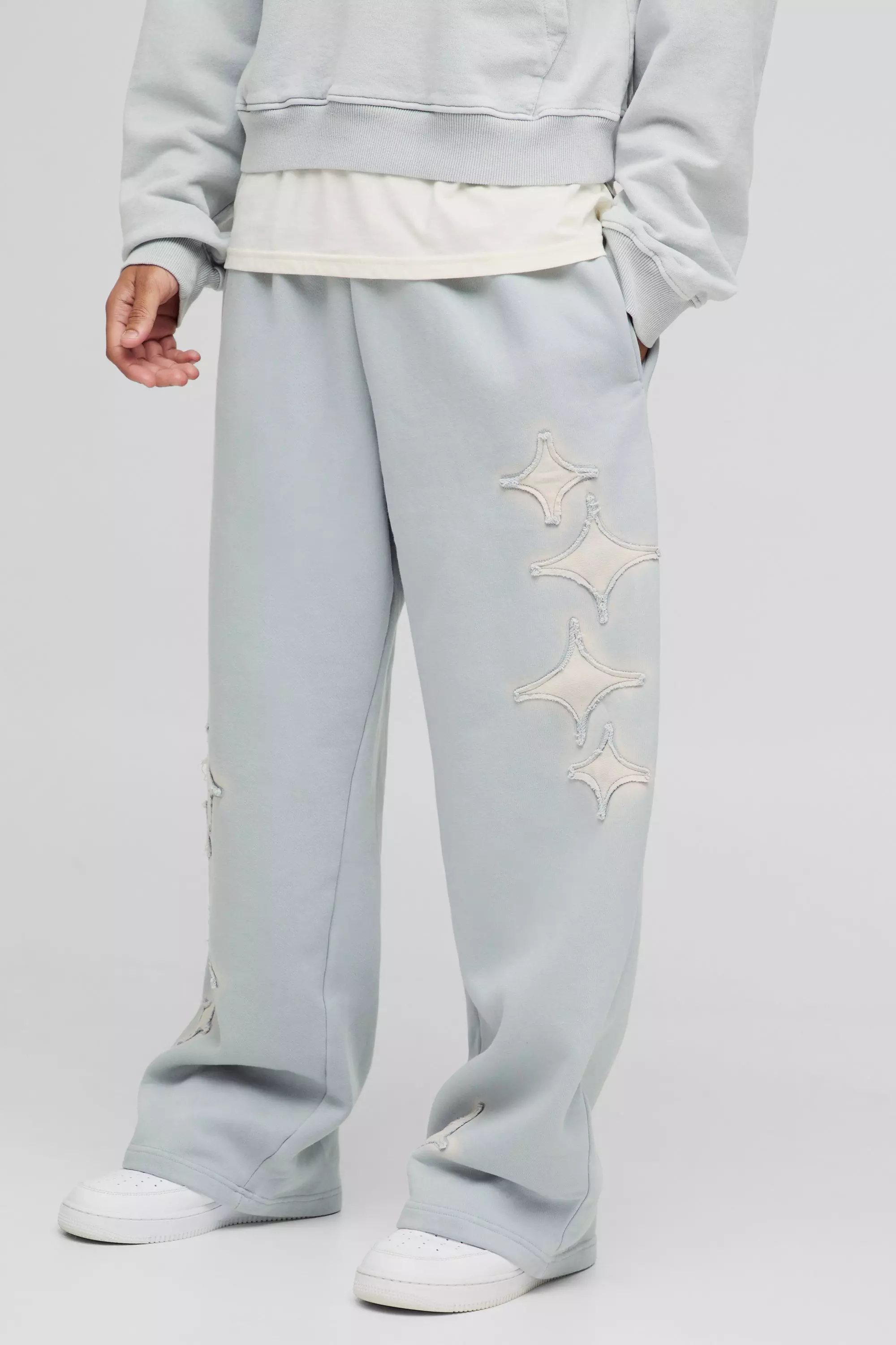 Wide Fit Spray Wash Distressed Star Applique Jogger Grey