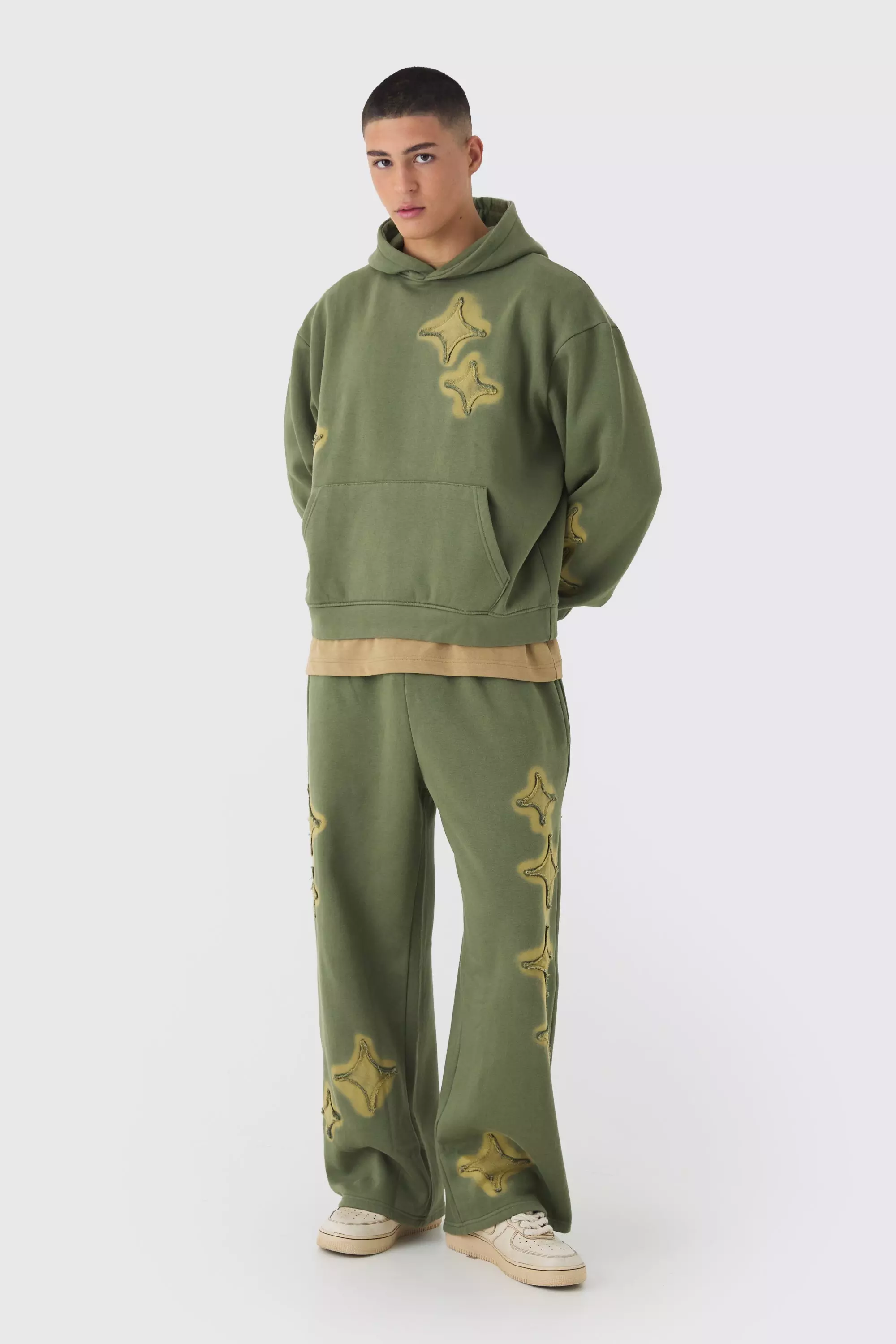 Oversized Boxy Spray Wash Distressed Star Applique Tracksuit Khaki