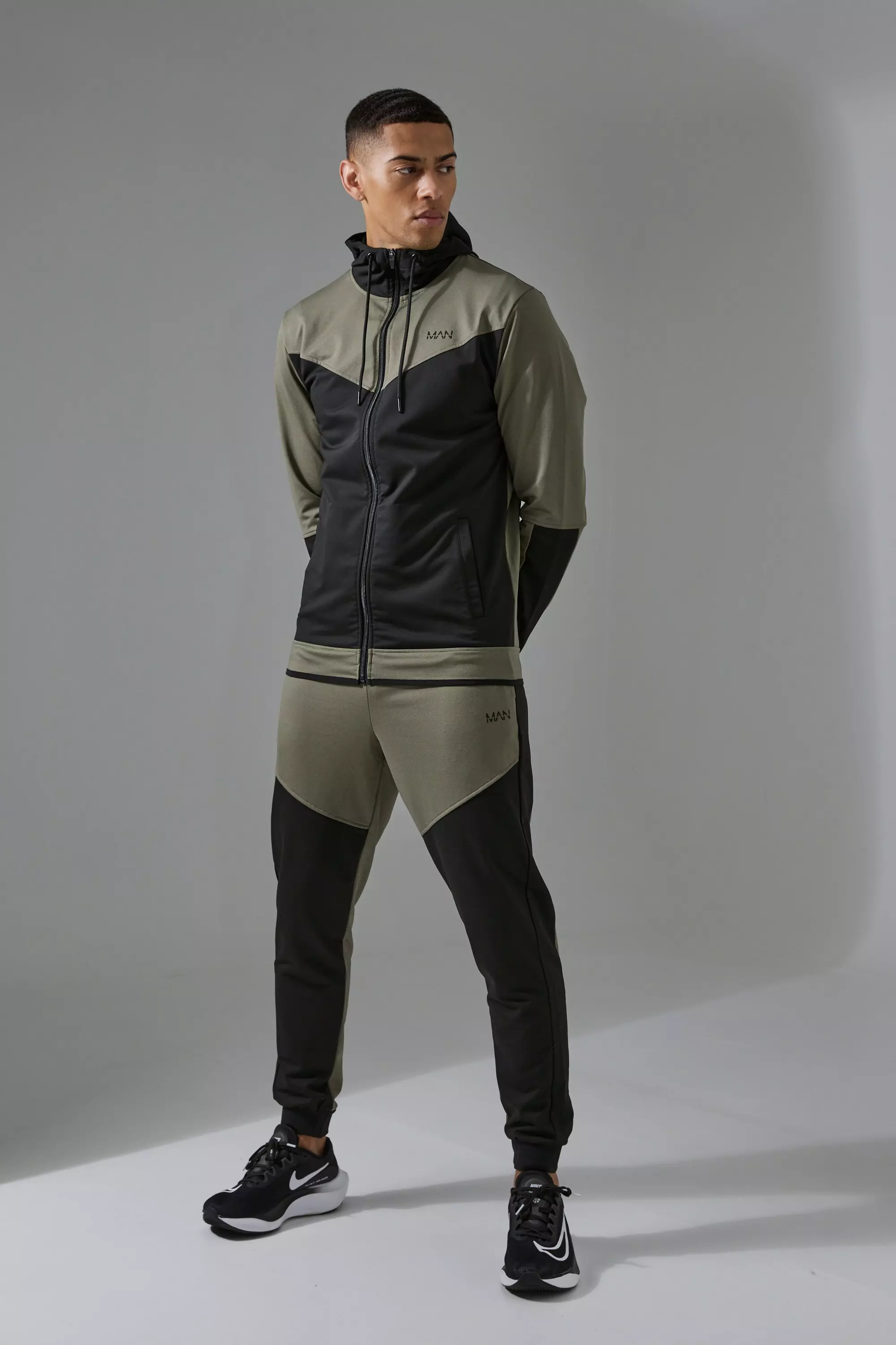 Khaki Active Colour Block Funnel Hooded Tracksuit