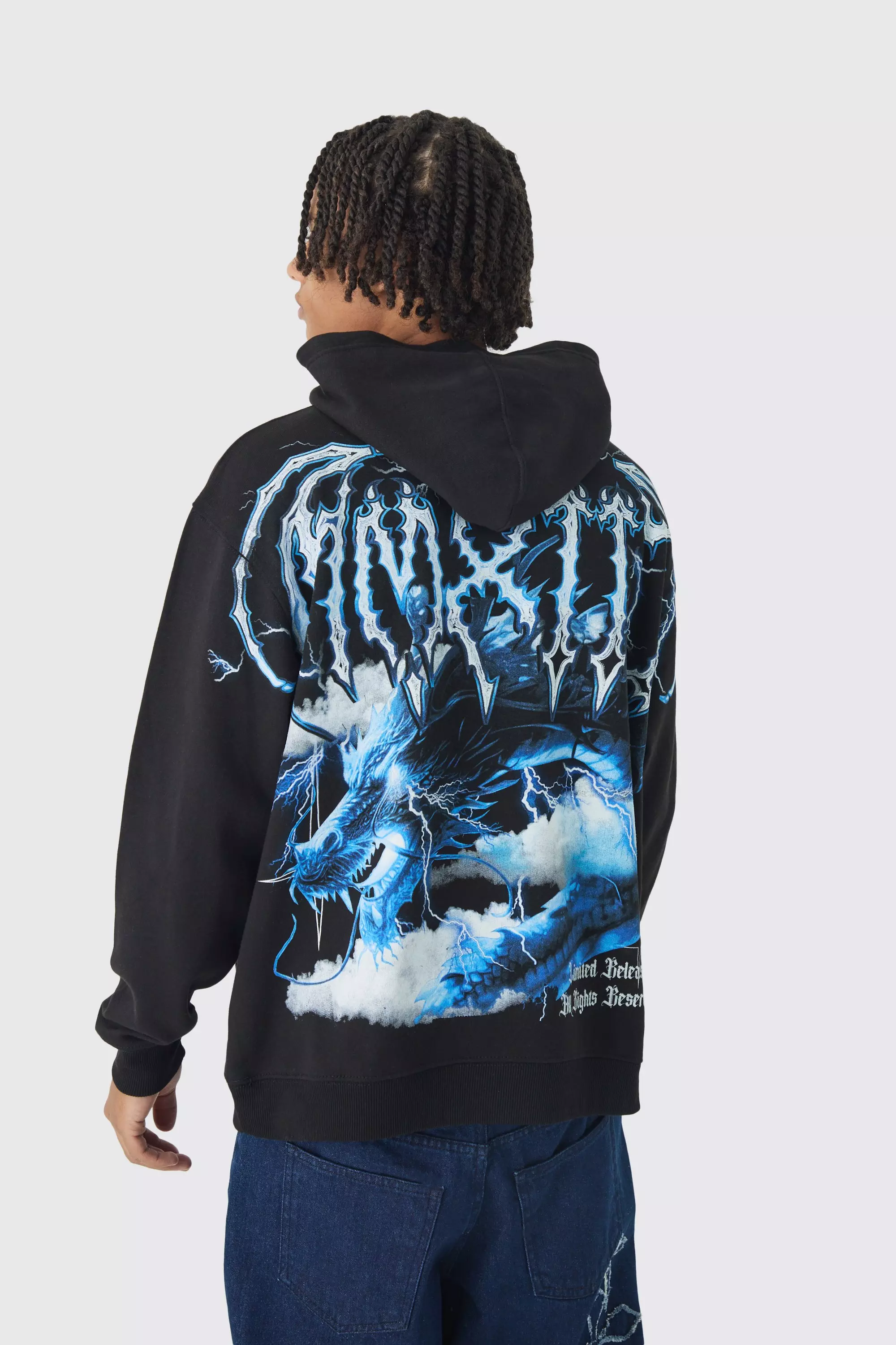 Oversized Over Seams Extended Neck Dragon Print Hoodie Black