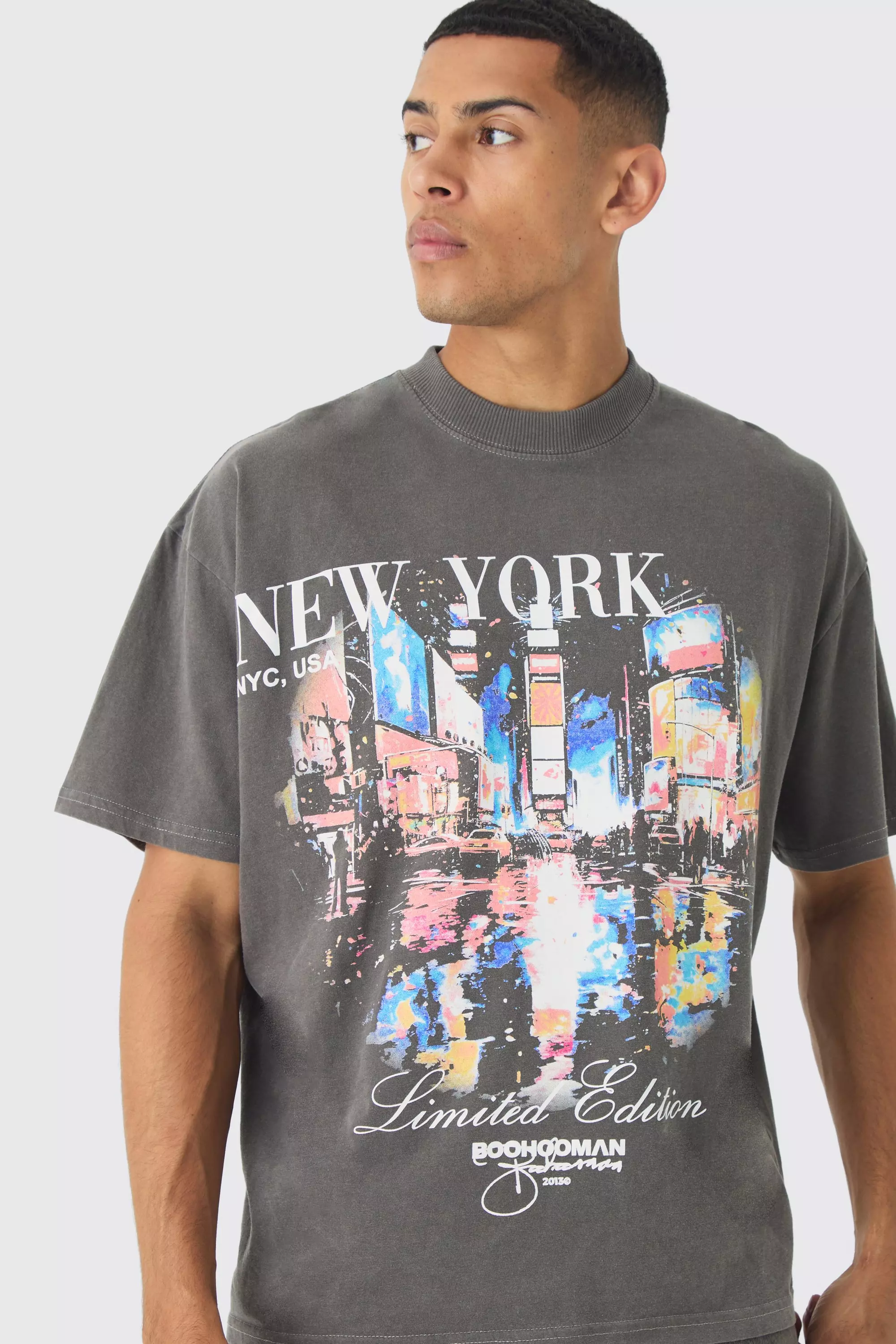 Chocolate Brown Oversized Extended Neck Boxy New York Wash Print T-Shirt