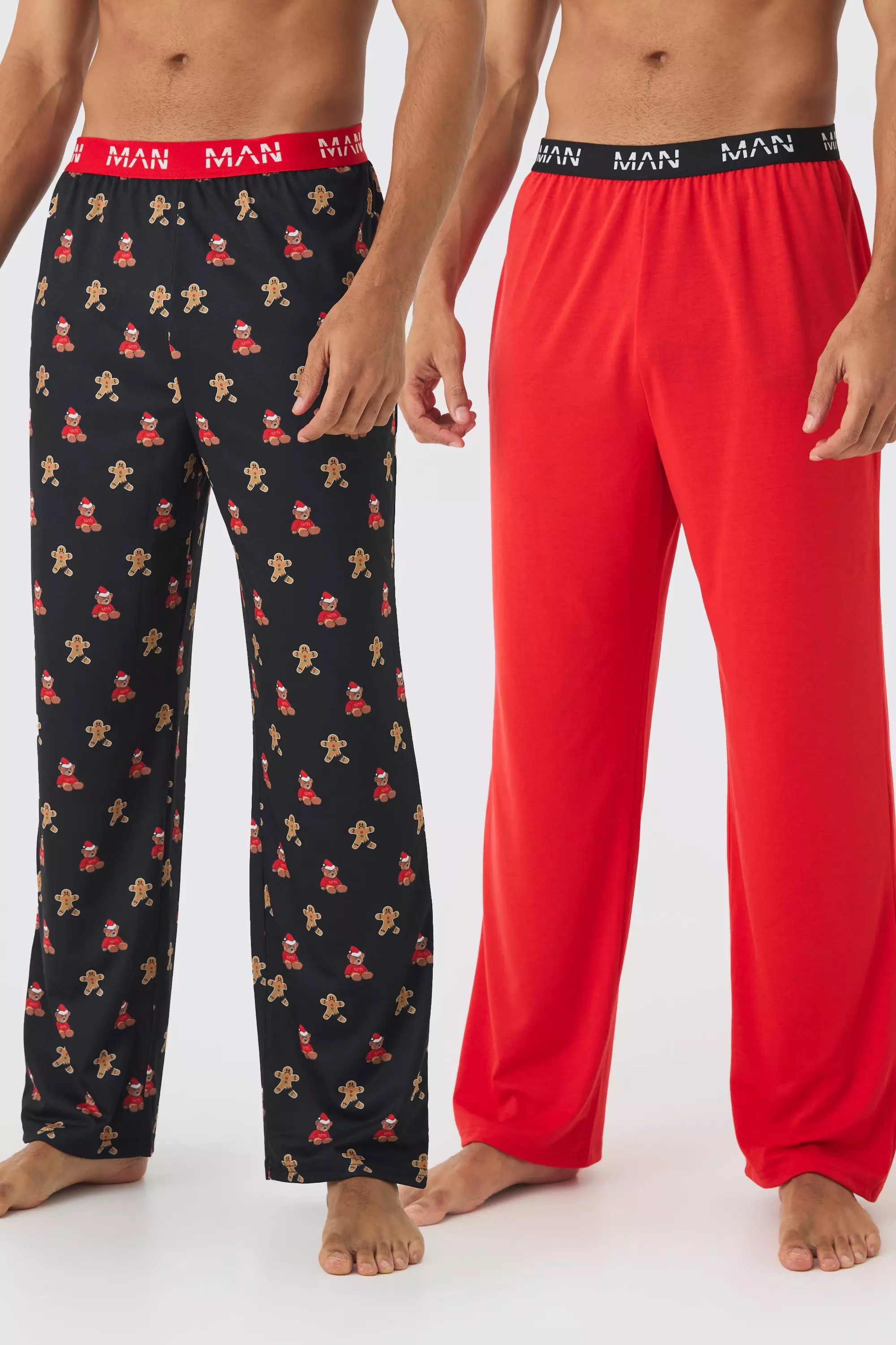 2 Pack Man Teddy Bear Print and Plain Lounge Bottoms Multi