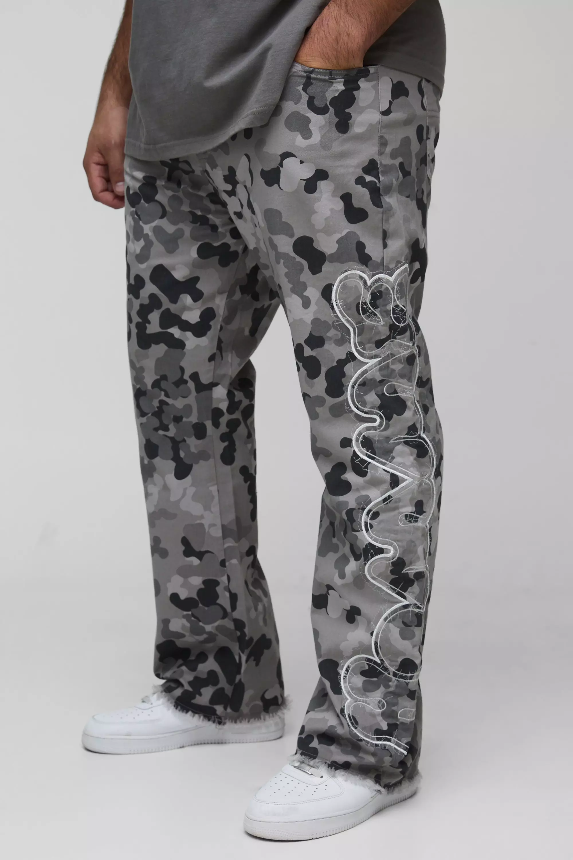 Plus Self Applique Gusset Detail Camo Slim Fit Flared Trousers Grey