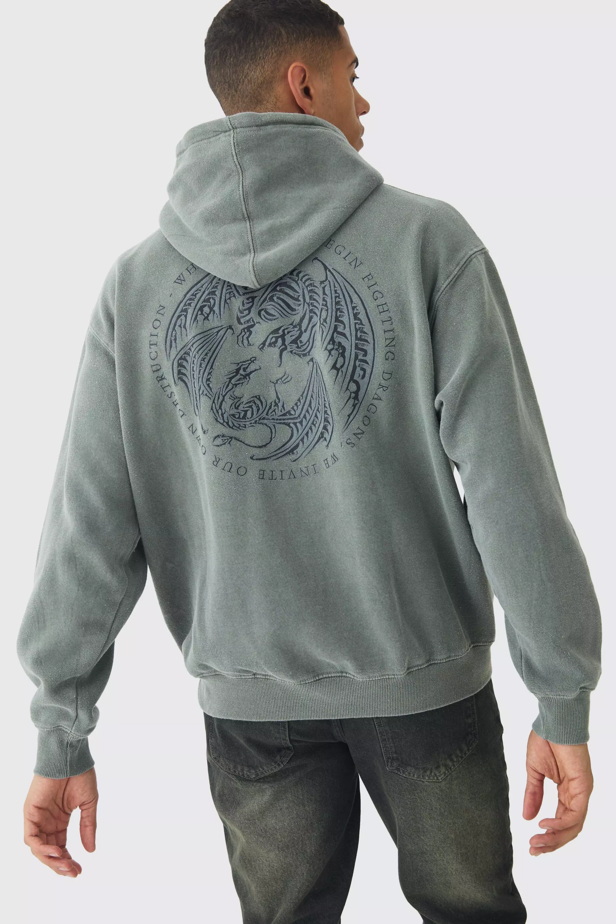 Green Oversized House of Dragons Wash License Print Hoodie