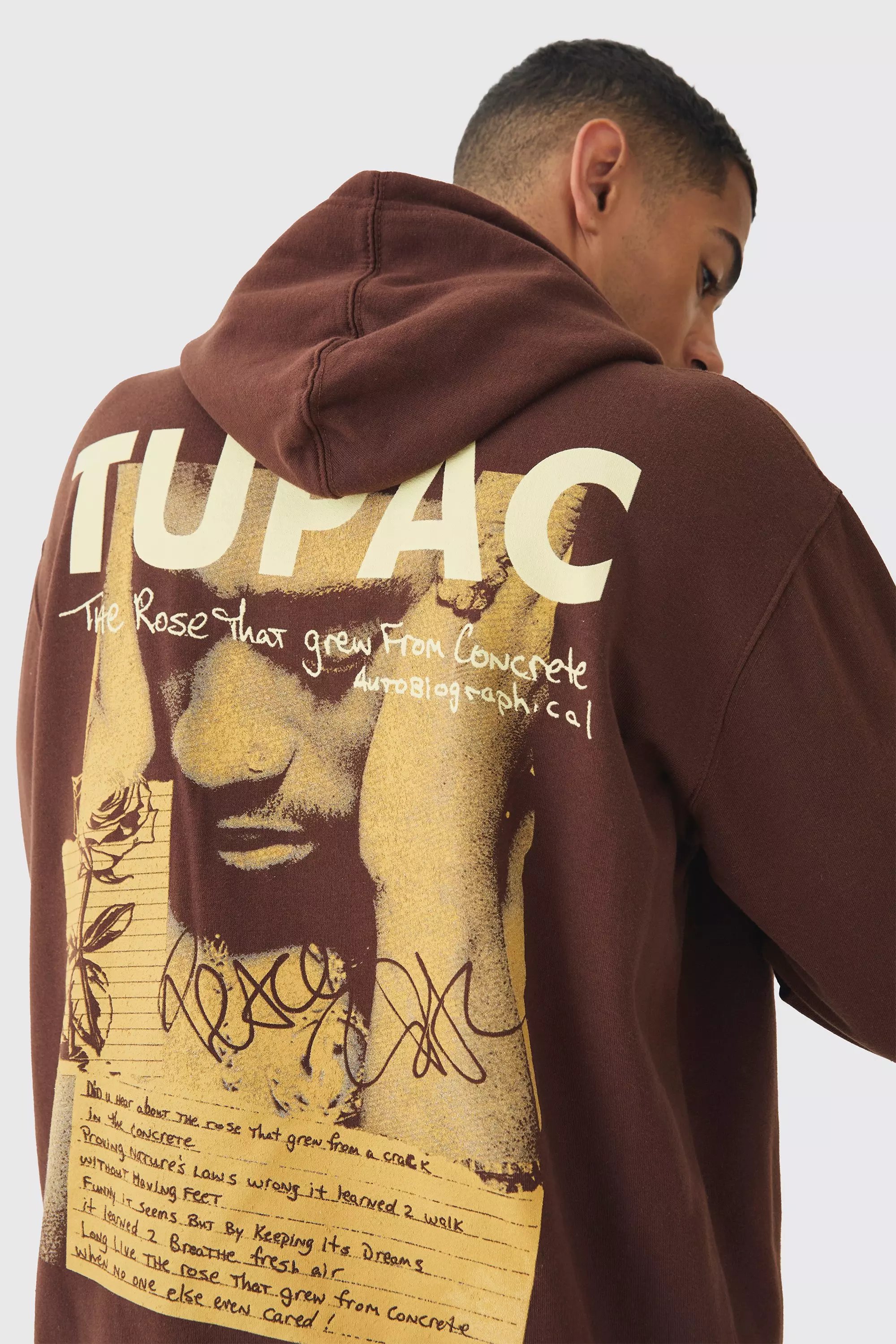 Oversized Tupac Wash License Print Hoodie Chocolate