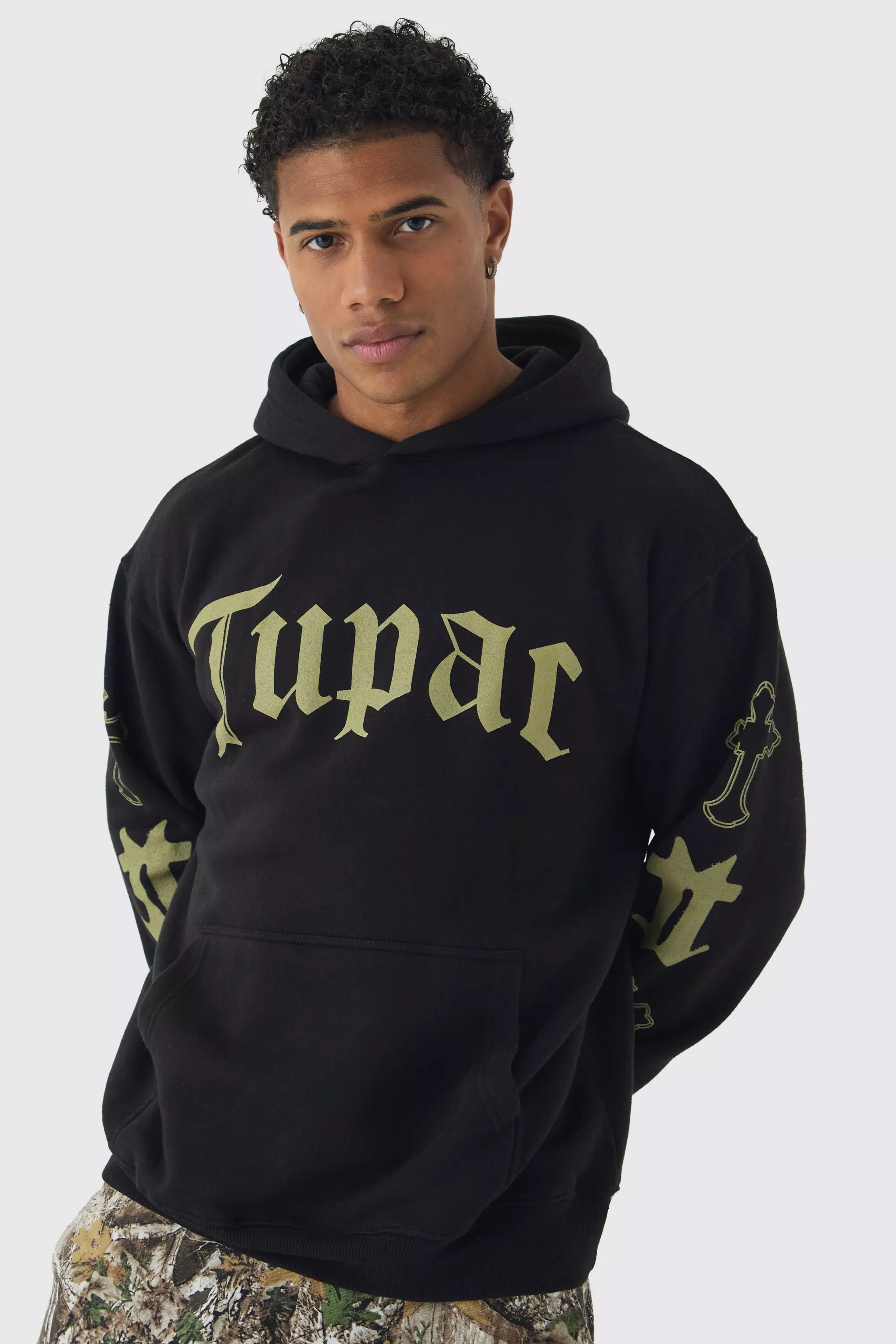 Black Oversized Tupac License Print Hoodie