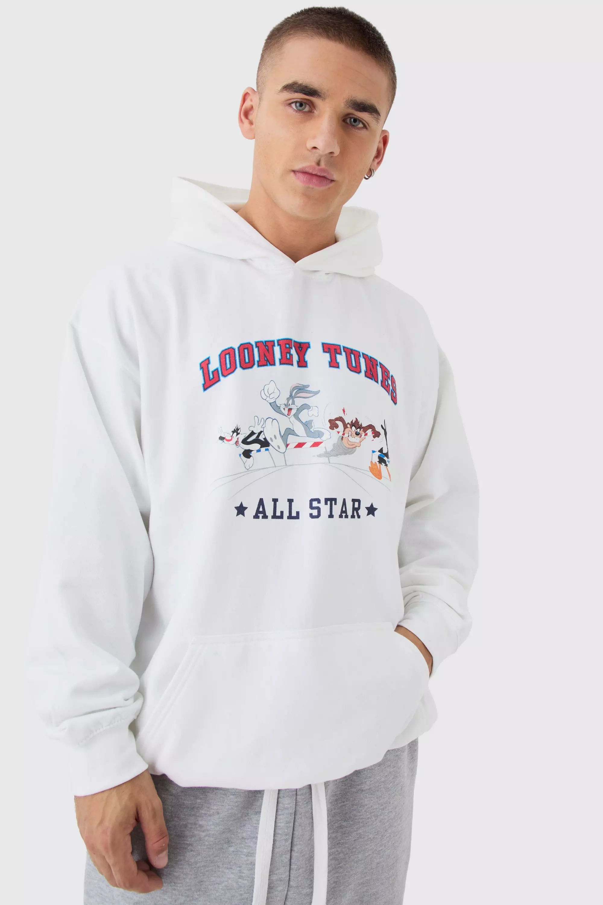 Oversized Looney Tunes License Multi Print Hoodie White