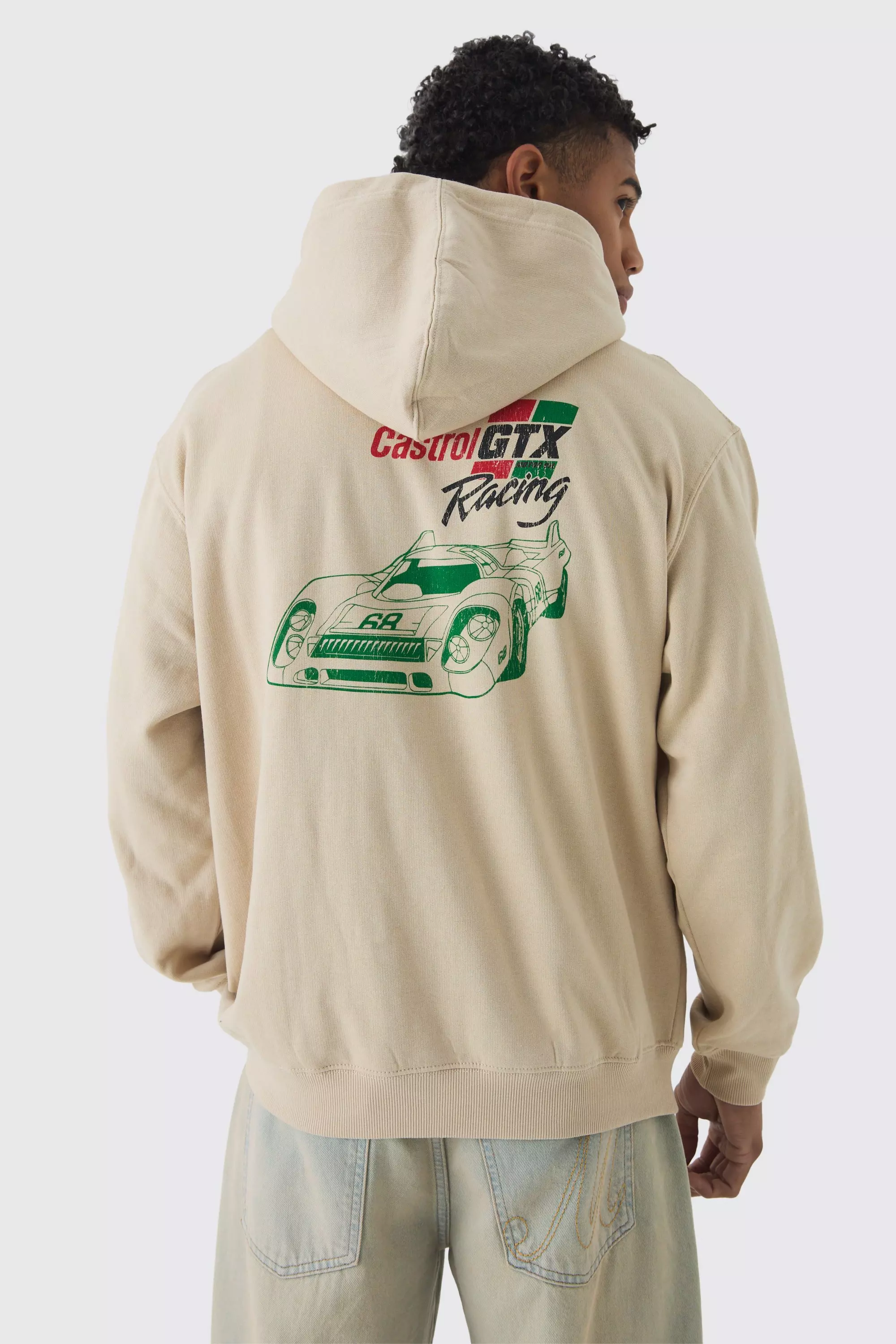 Oversized Wash Castrol GTX Racing License Print Hoodie Stone