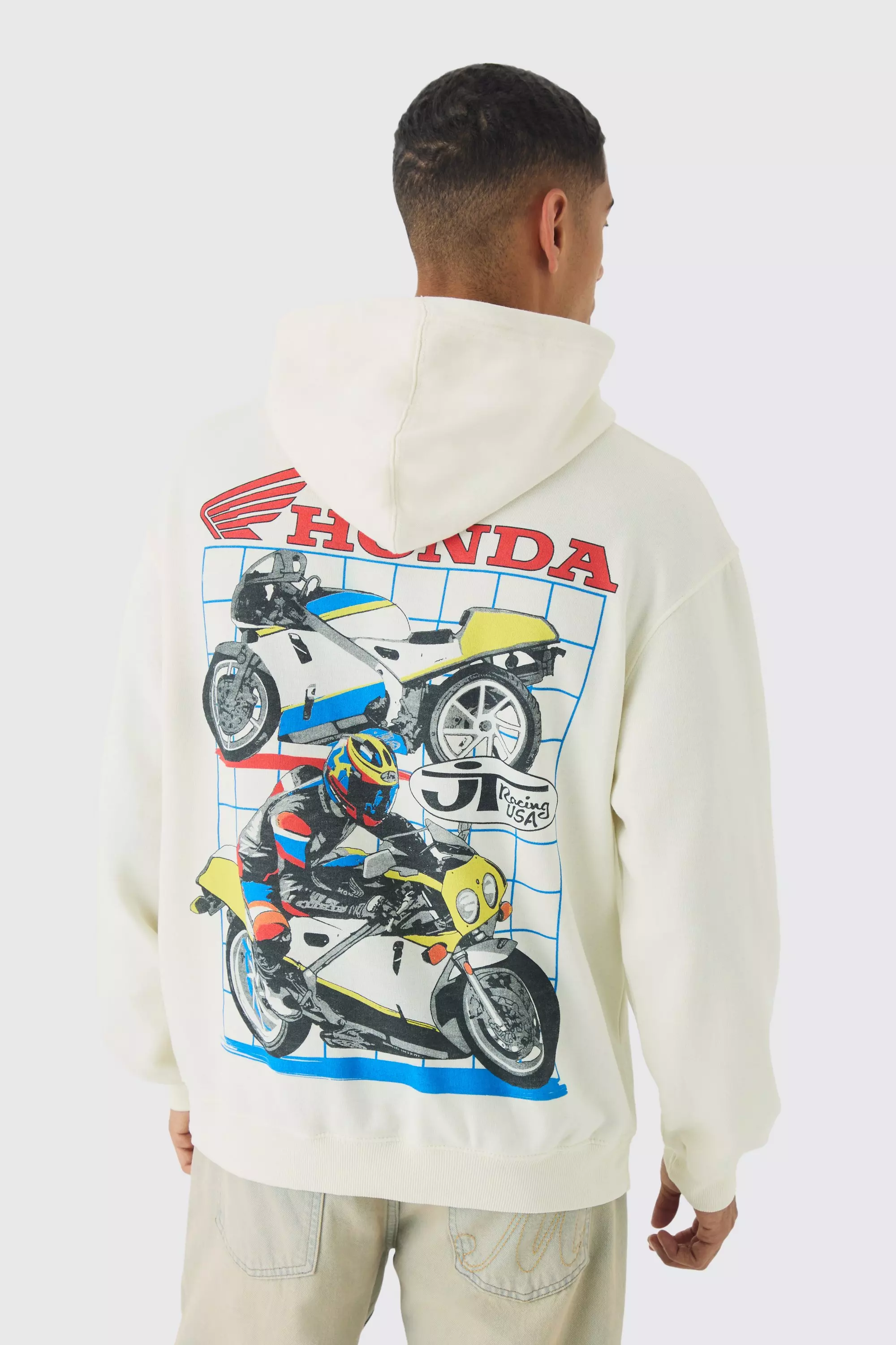 Oversized Honda JT Racing License Print Hoodie Ecru