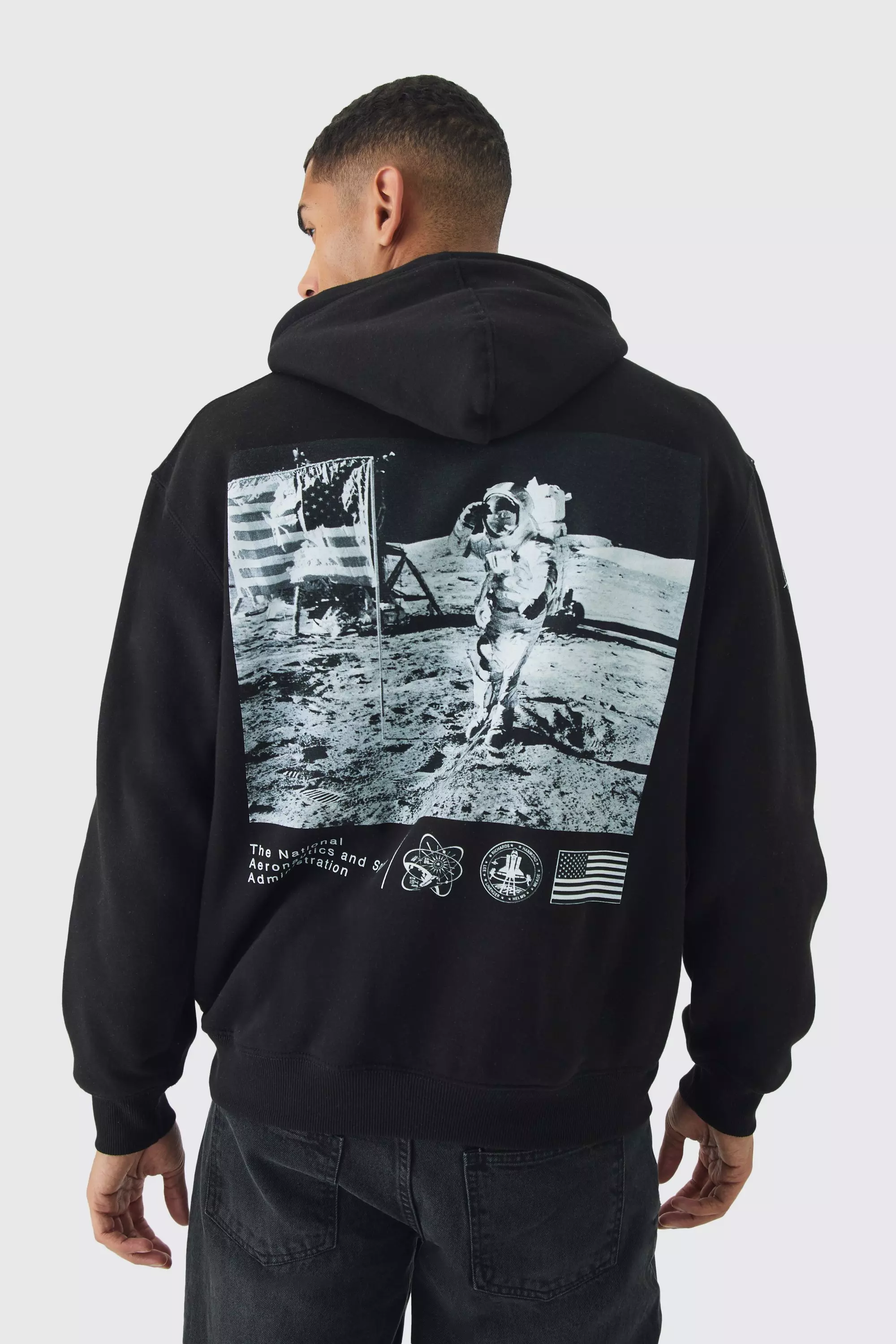 Black Oversized Nasa License Print Hoodie