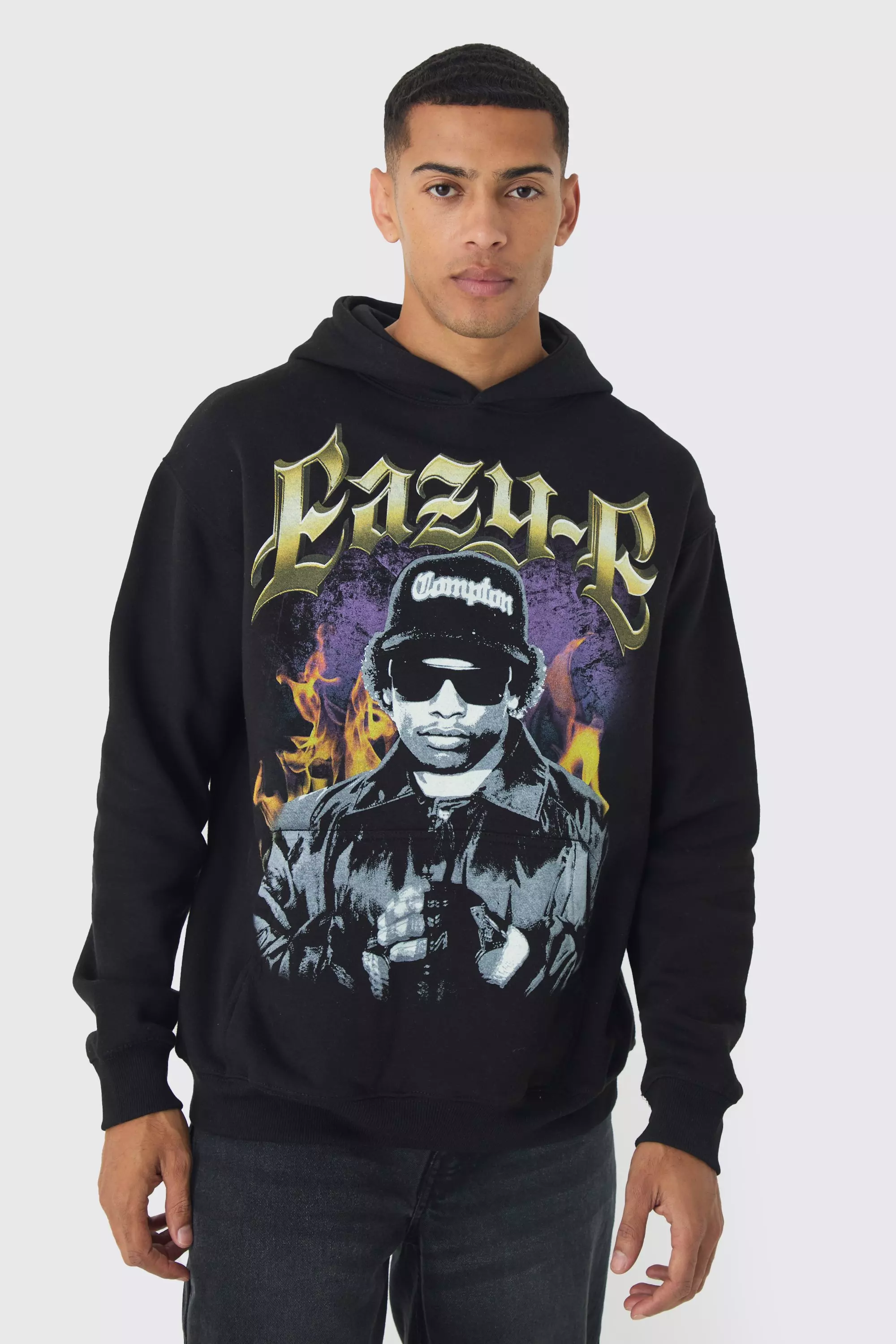 Black Oversized Eazy E License Print Hoodie