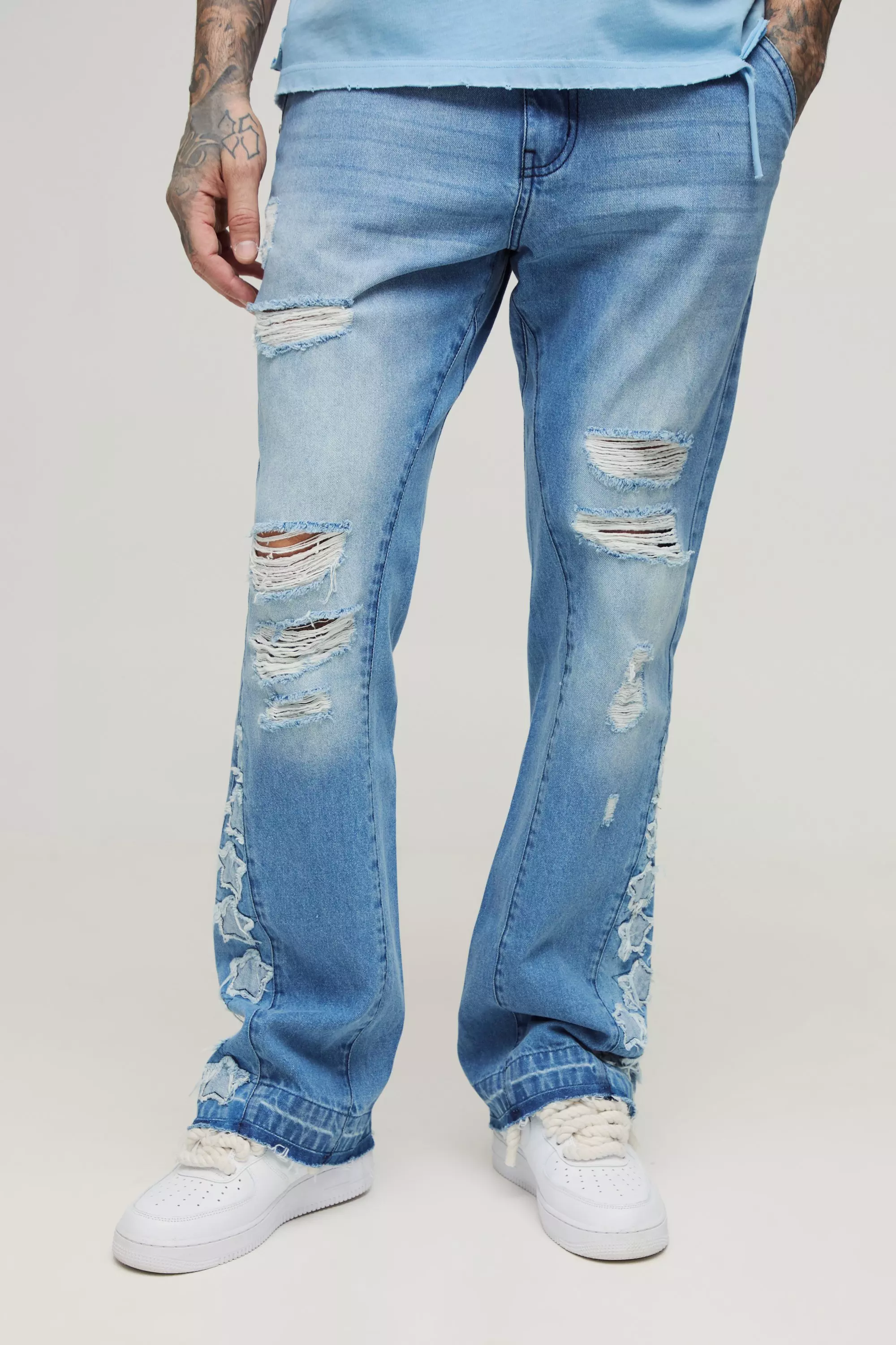 Tall Star Applique Gusset Distressed Flared Jeans Antique blue