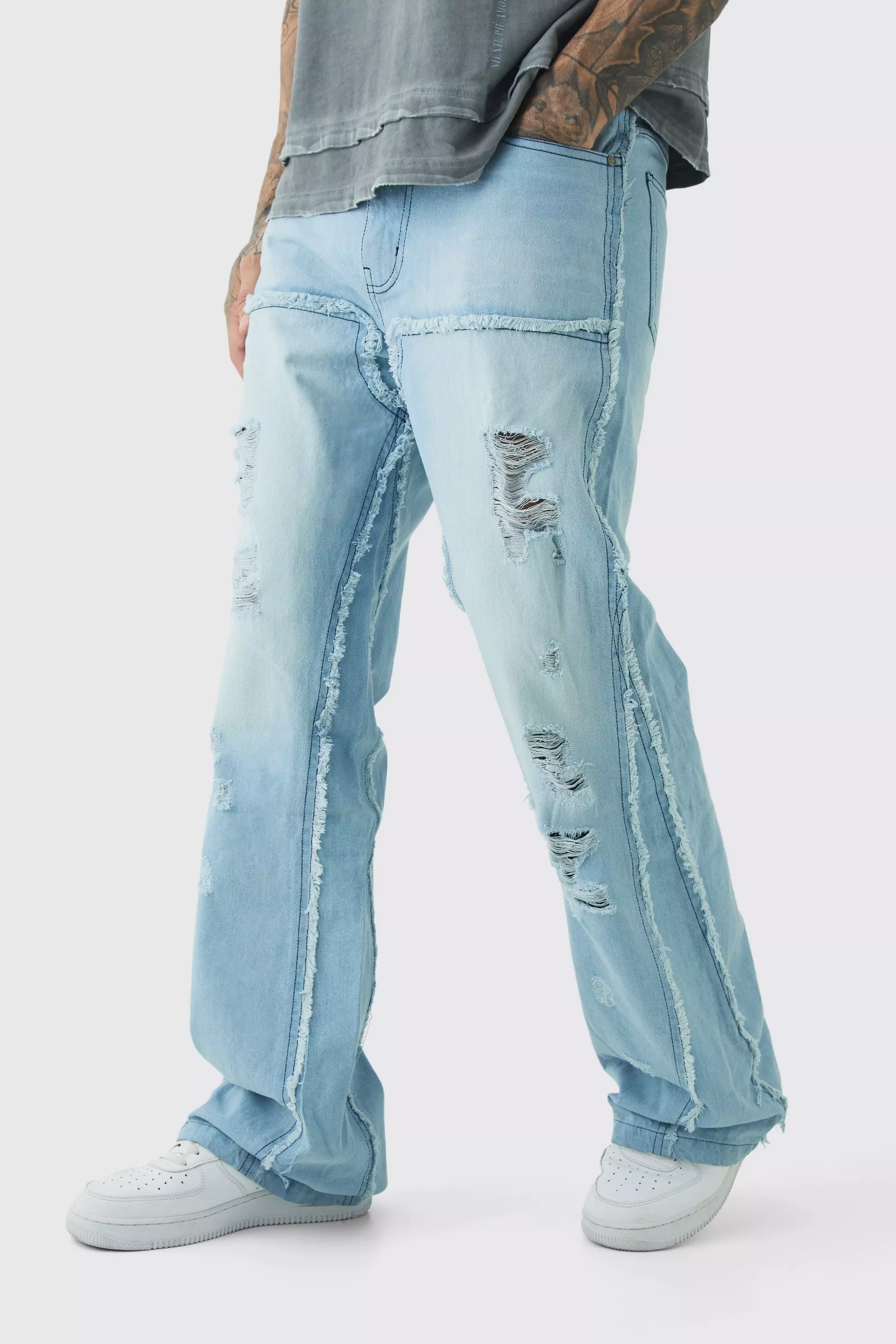 Tall Raw Edge Rip & Repair Carpenter Panel Relaxed Fit Flared Jeans Ice blue