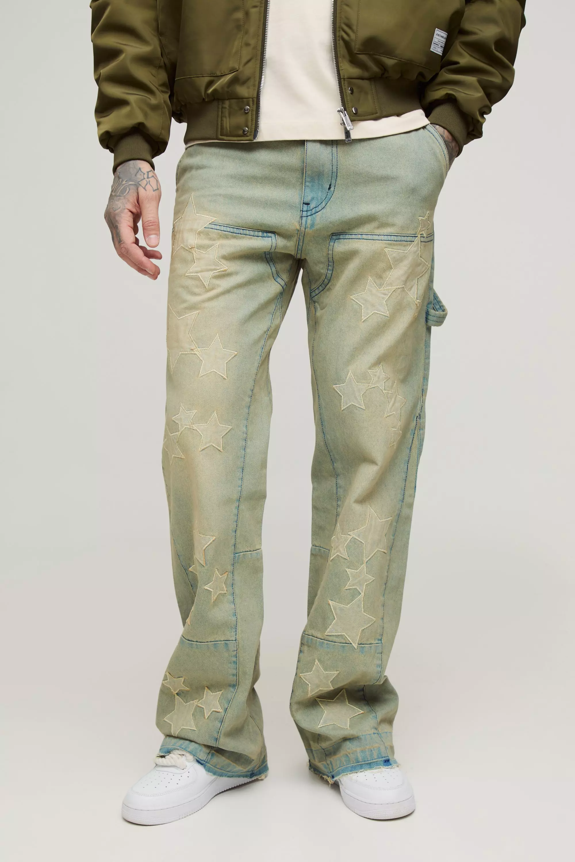 Khaki Tall Carpenter Jeans Met Sterren En Gusset Detail alternatieve afbeelding