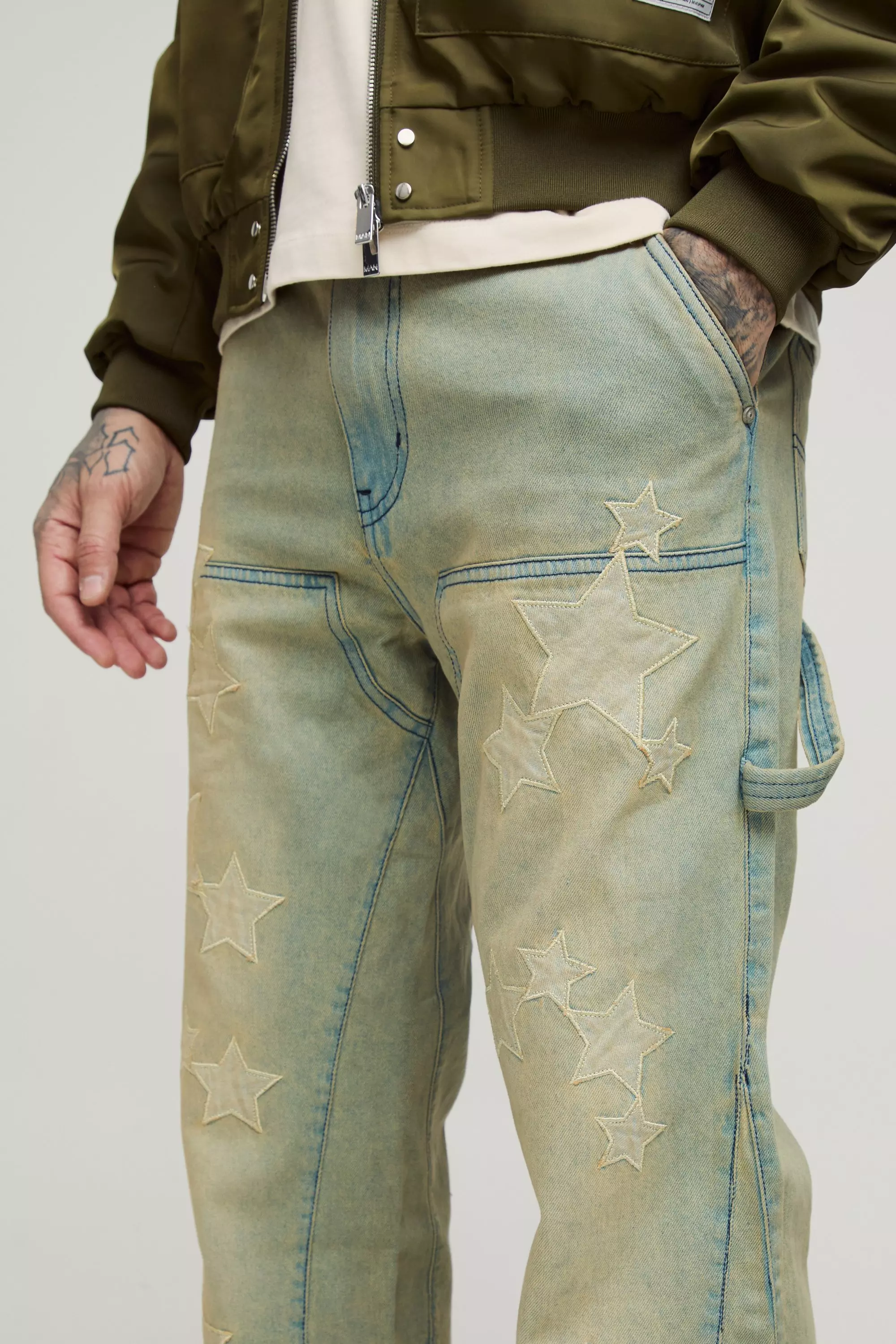 Khaki Tall Carpenter Jeans Met Sterren En Gusset Detail alternatieve afbeelding