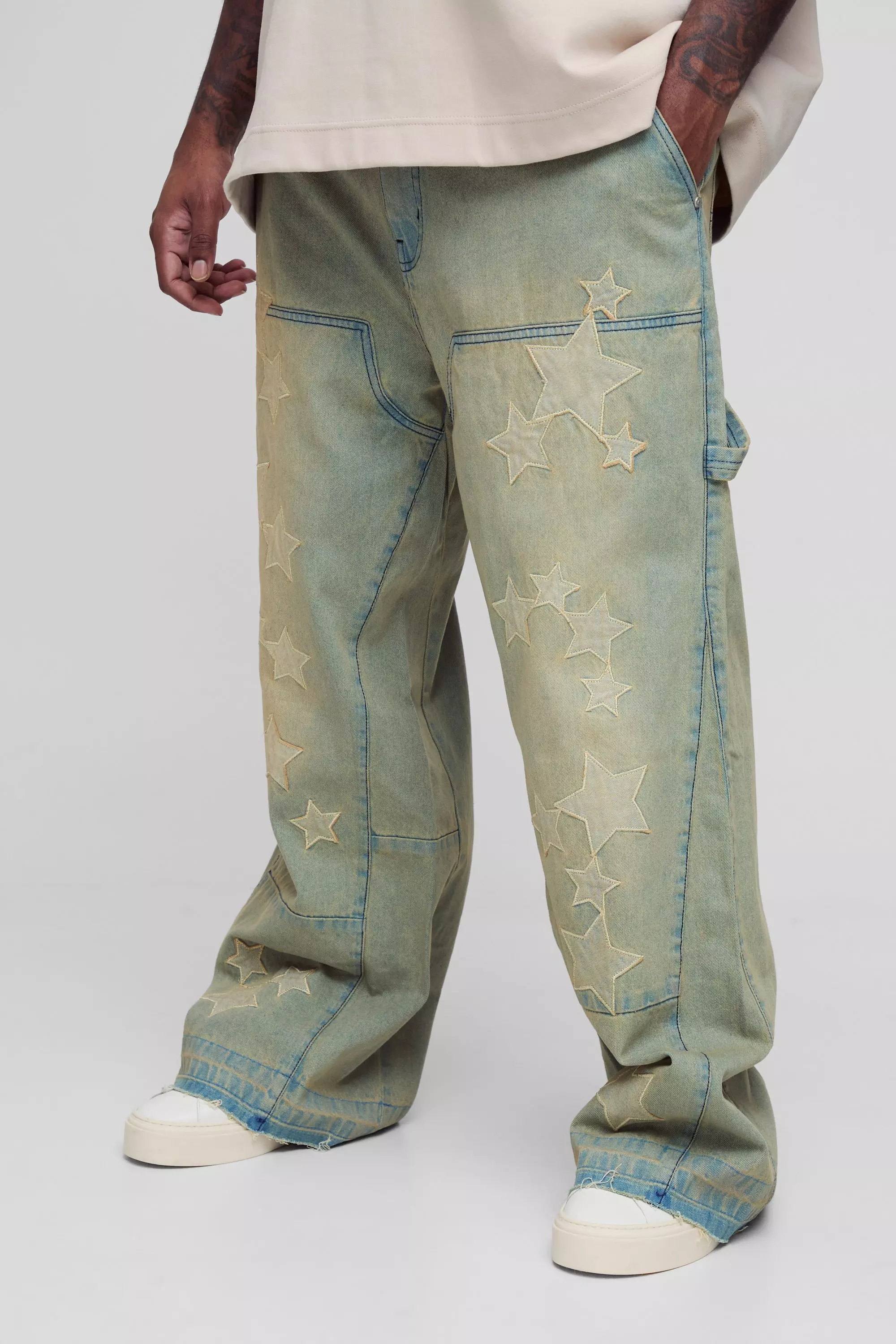 Plus Star Applique Gusset Detail Carpenter Jeans | boohooMAN USA
