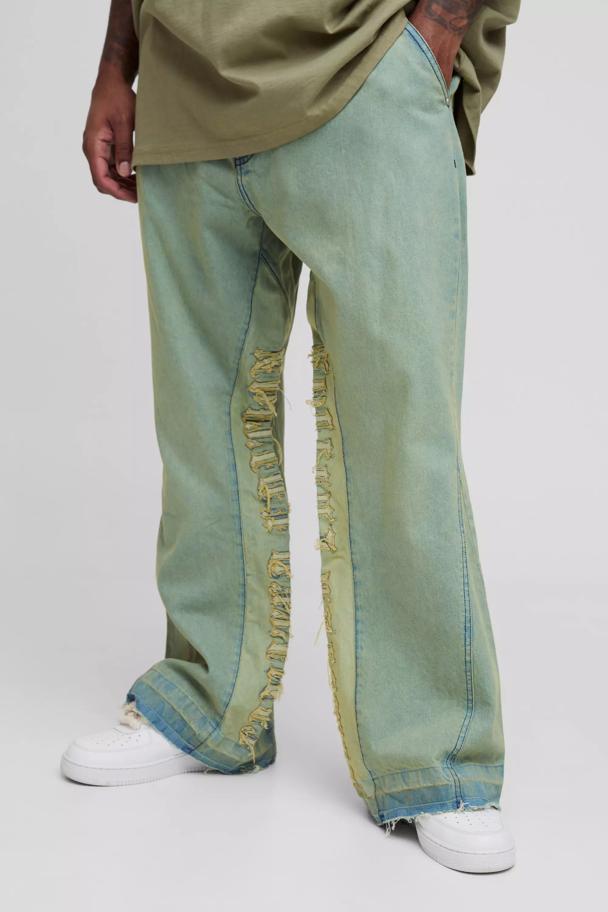Plus Tinted Applique Inner Gusset Slim Flared Jeans | boohooMAN USA