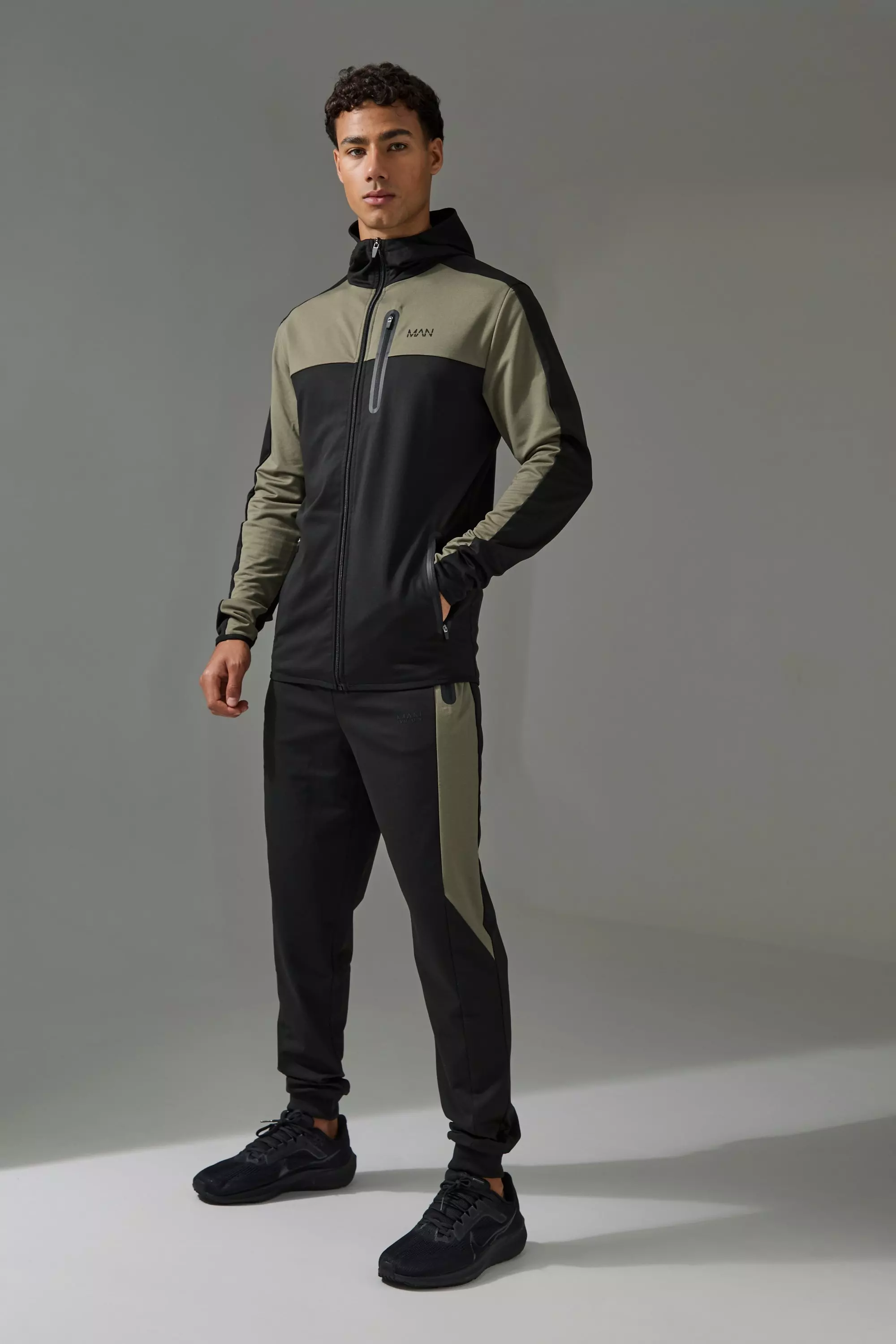 Khaki Active Colour Block Funnel Hooded Tracksuit