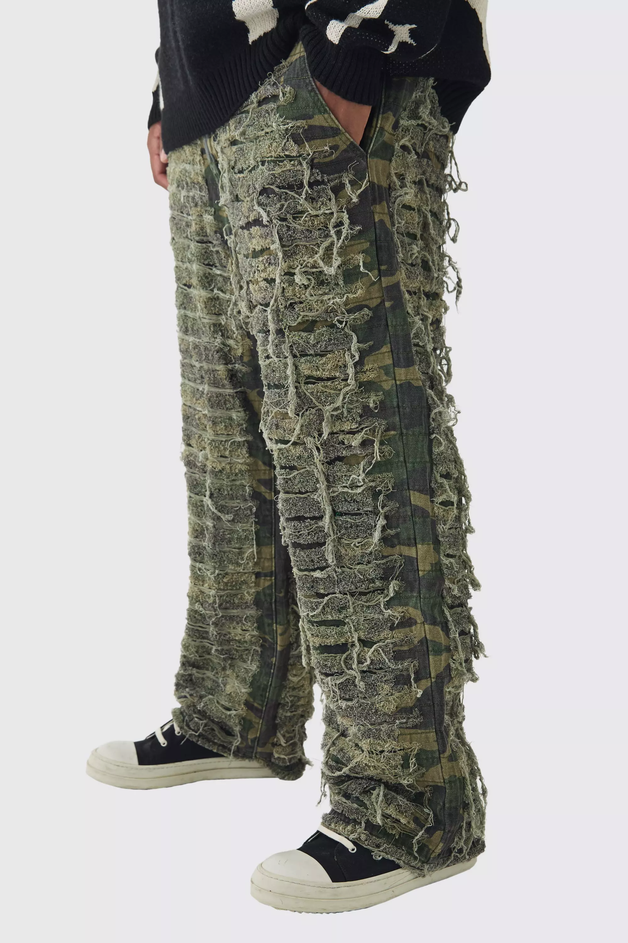 Plus Relaxed Heavily Distressed Camo Pants Khaki