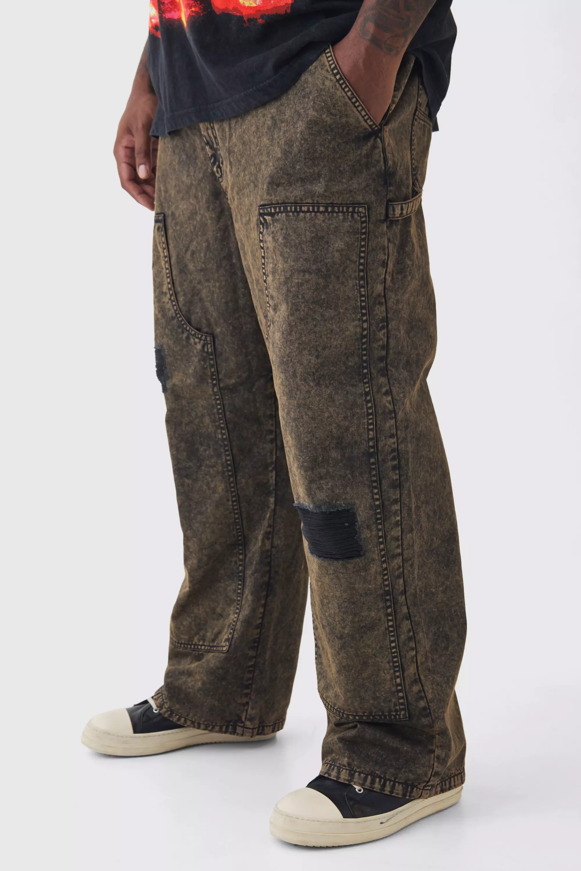 Black Plus Acid Wash Carpenter Trousers With Knee Rips alternative image