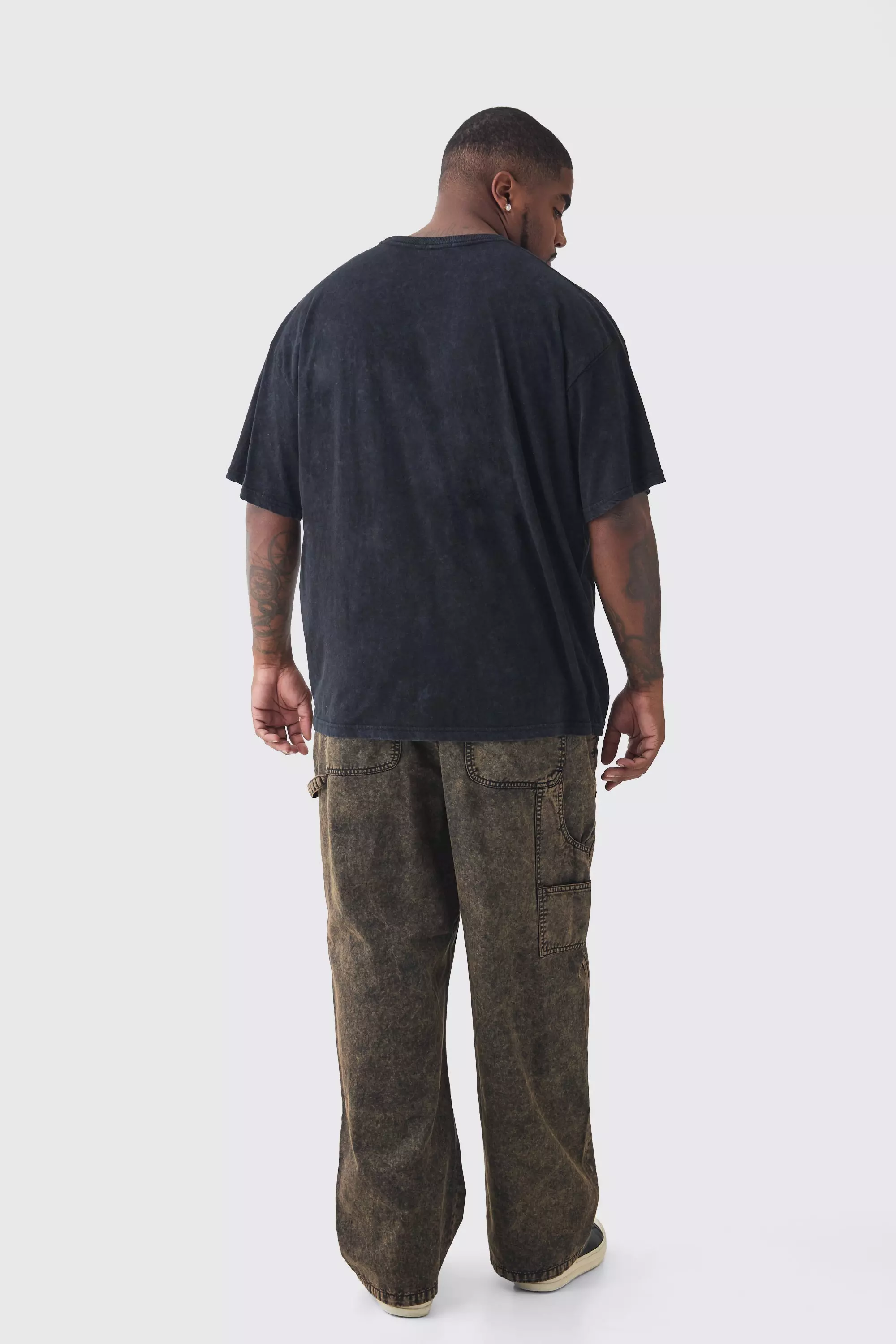 Black Plus Acid Wash Carpenter Trousers With Knee Rips alternative image