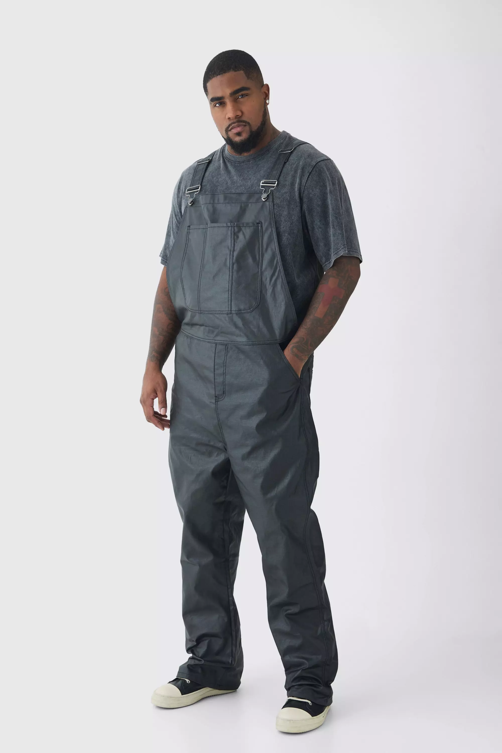 Plus Straight Fit Coated Dungarees Black