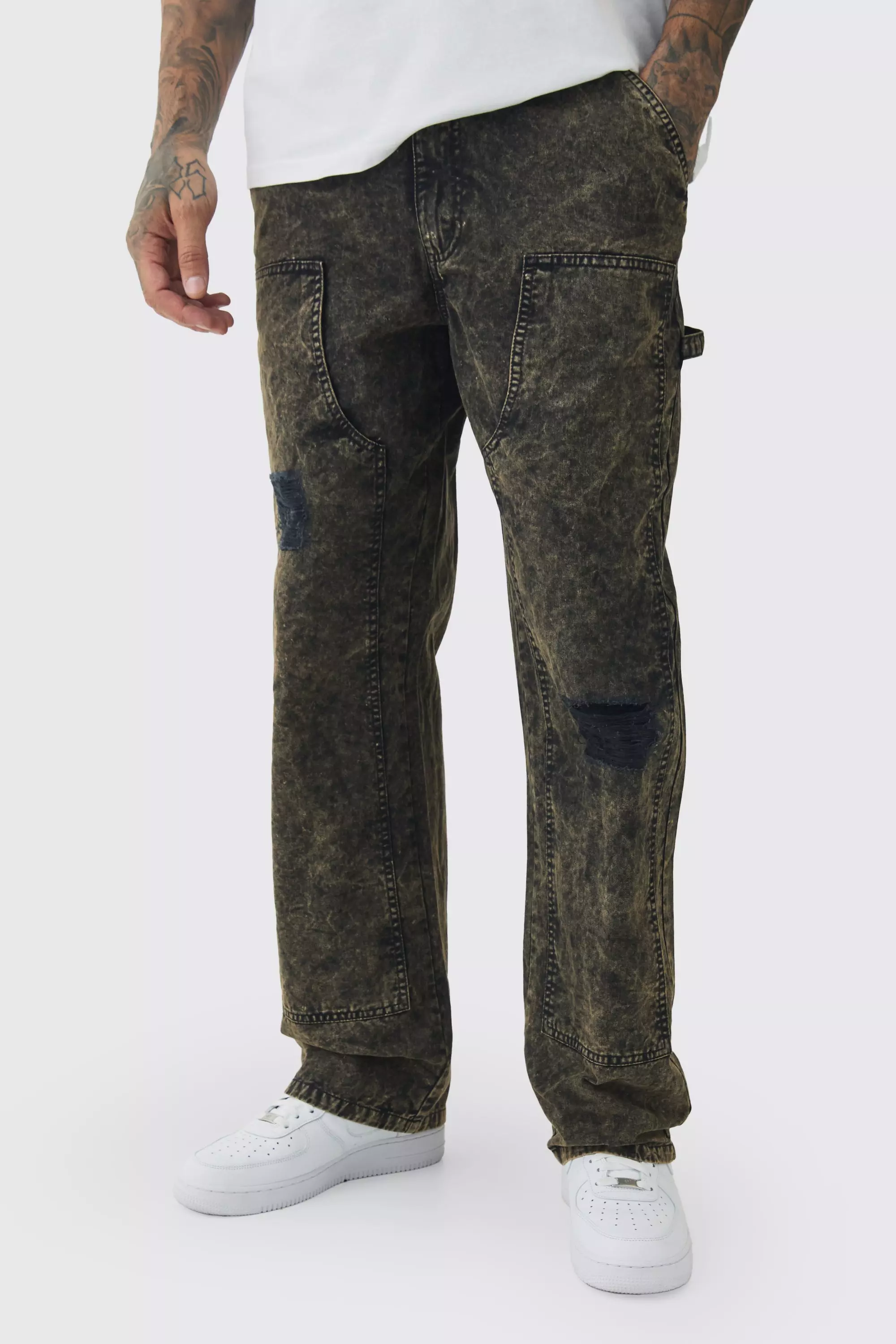 Tall Acid Wash Carpenter Pants With Knee Rips Black