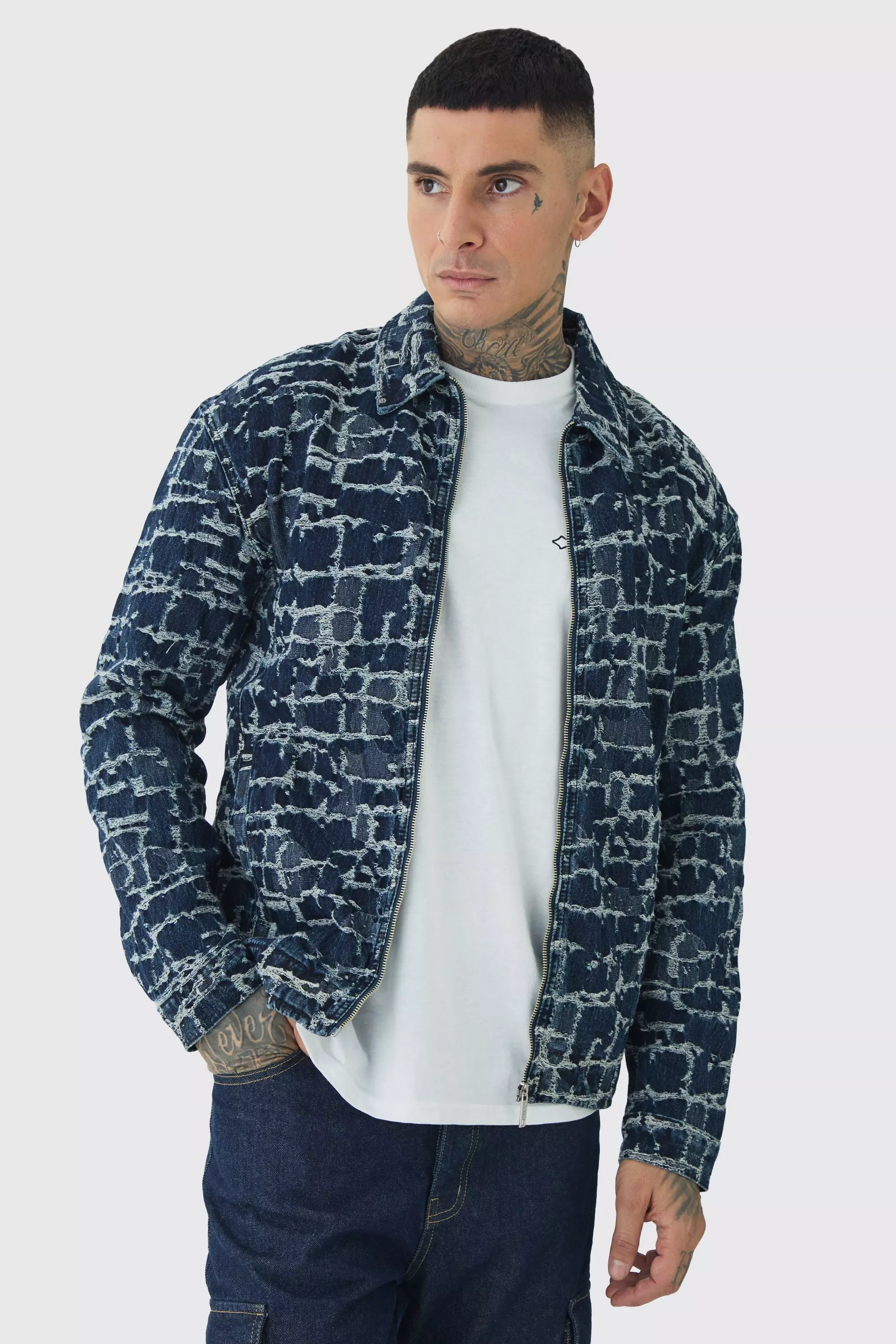 Tall Distressed Tapestry Denim Harrington Jacket Indigo