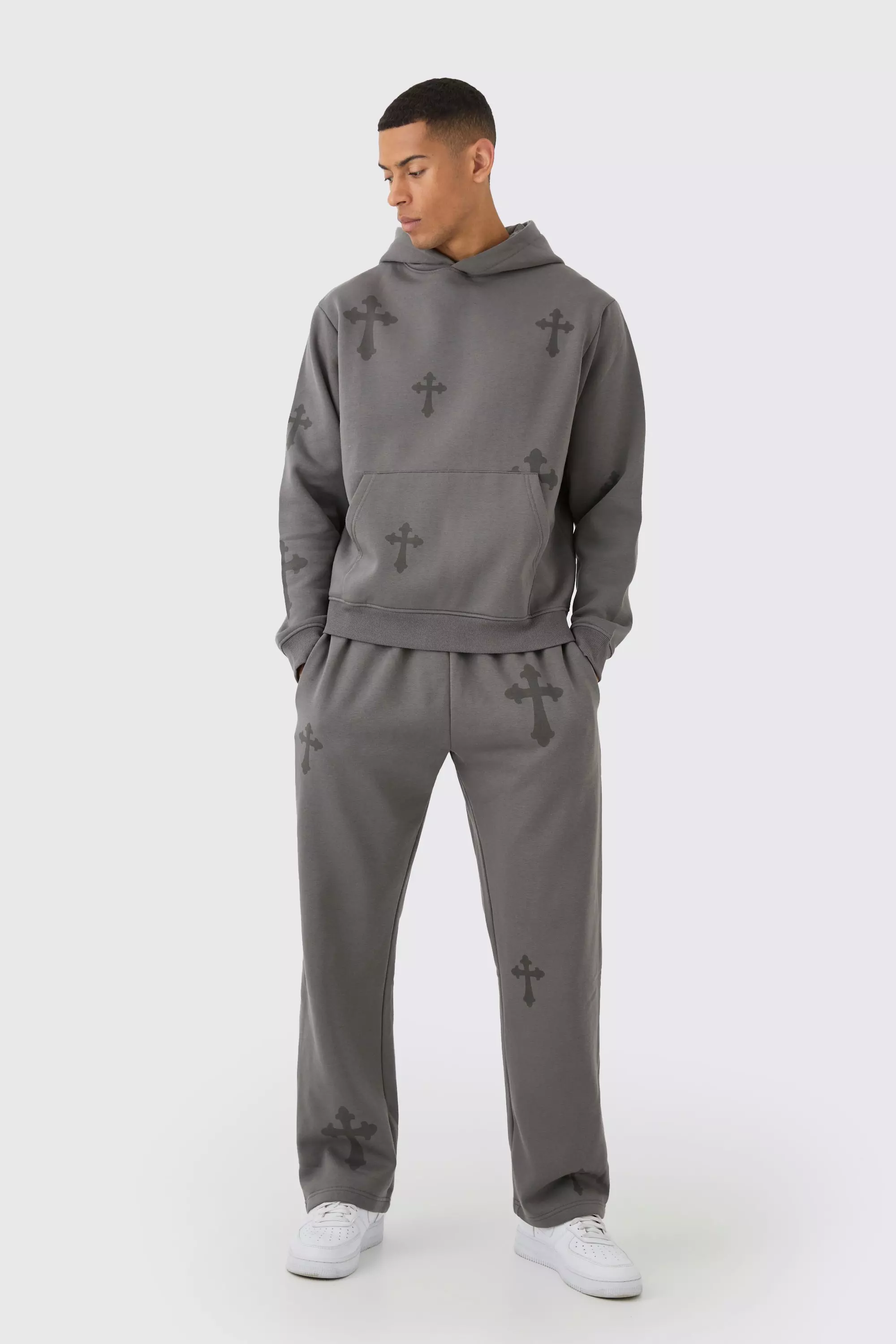 Charcoal Grey Regular Fit Cross Printed Hooded Tracksuit