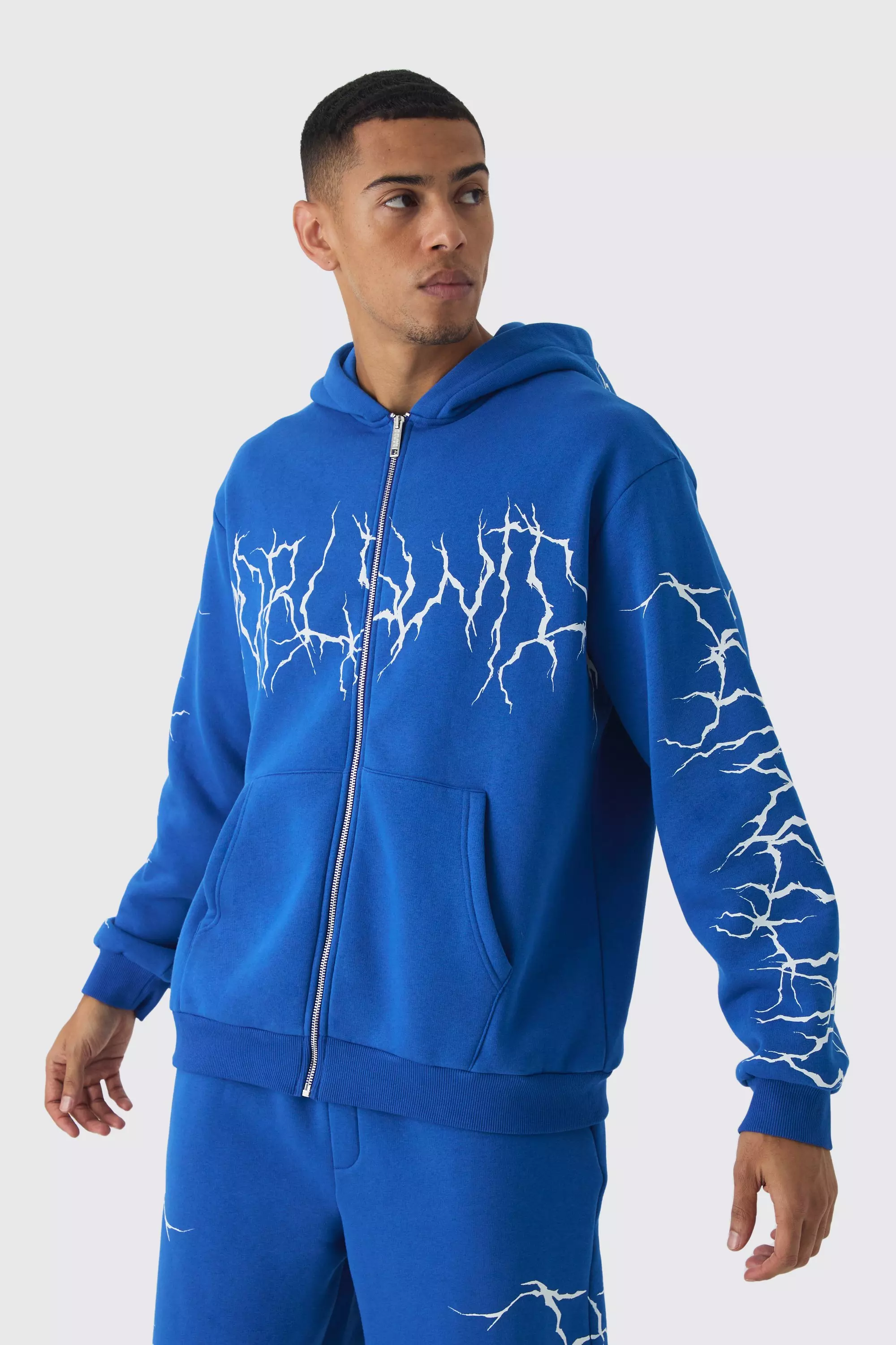 Felpa Oversize Stile Graffiti Con Zip E Cappuccio, Cobalt immagine alternativa