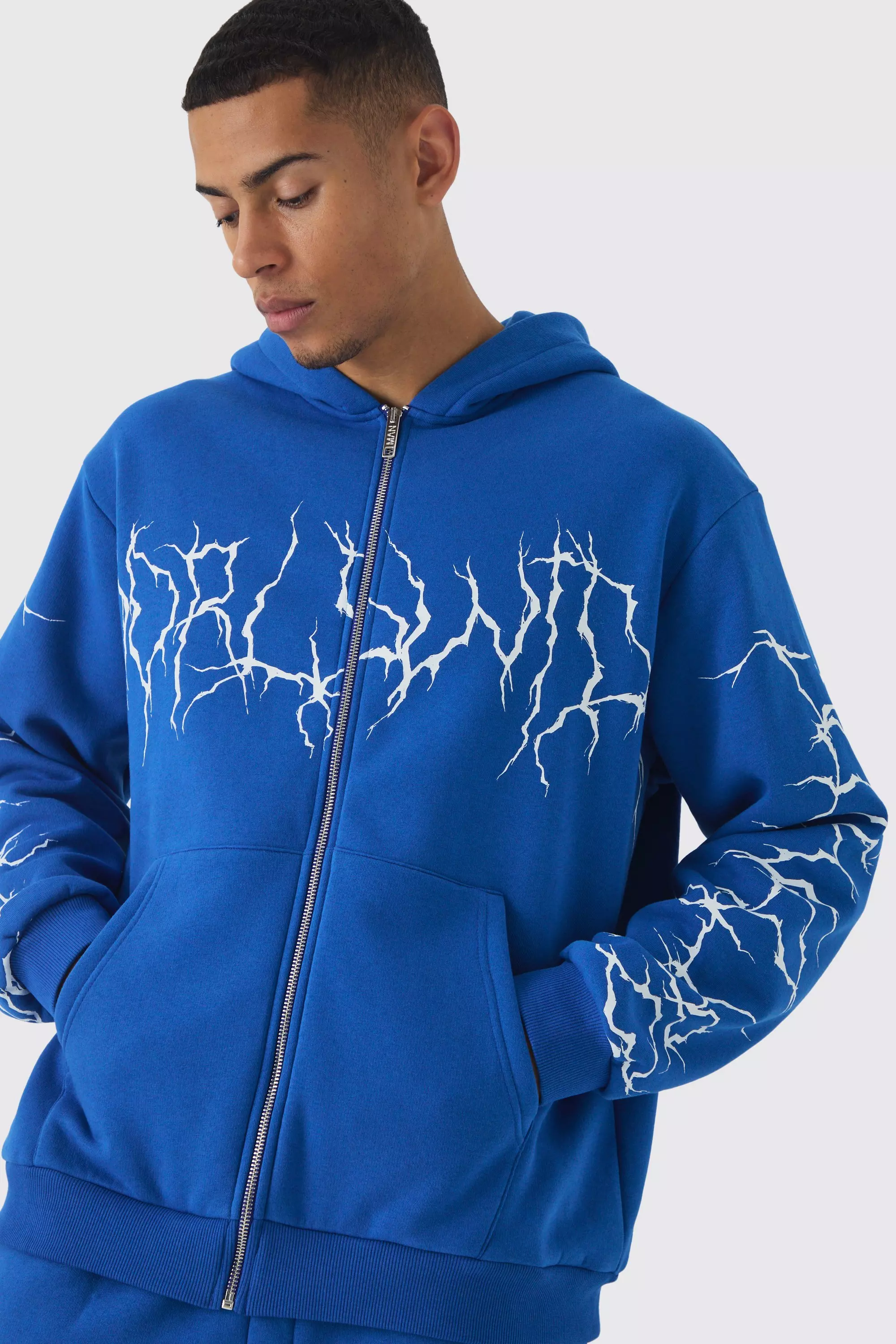 Felpa Oversize Stile Graffiti Con Zip E Cappuccio, Cobalt immagine alternativa