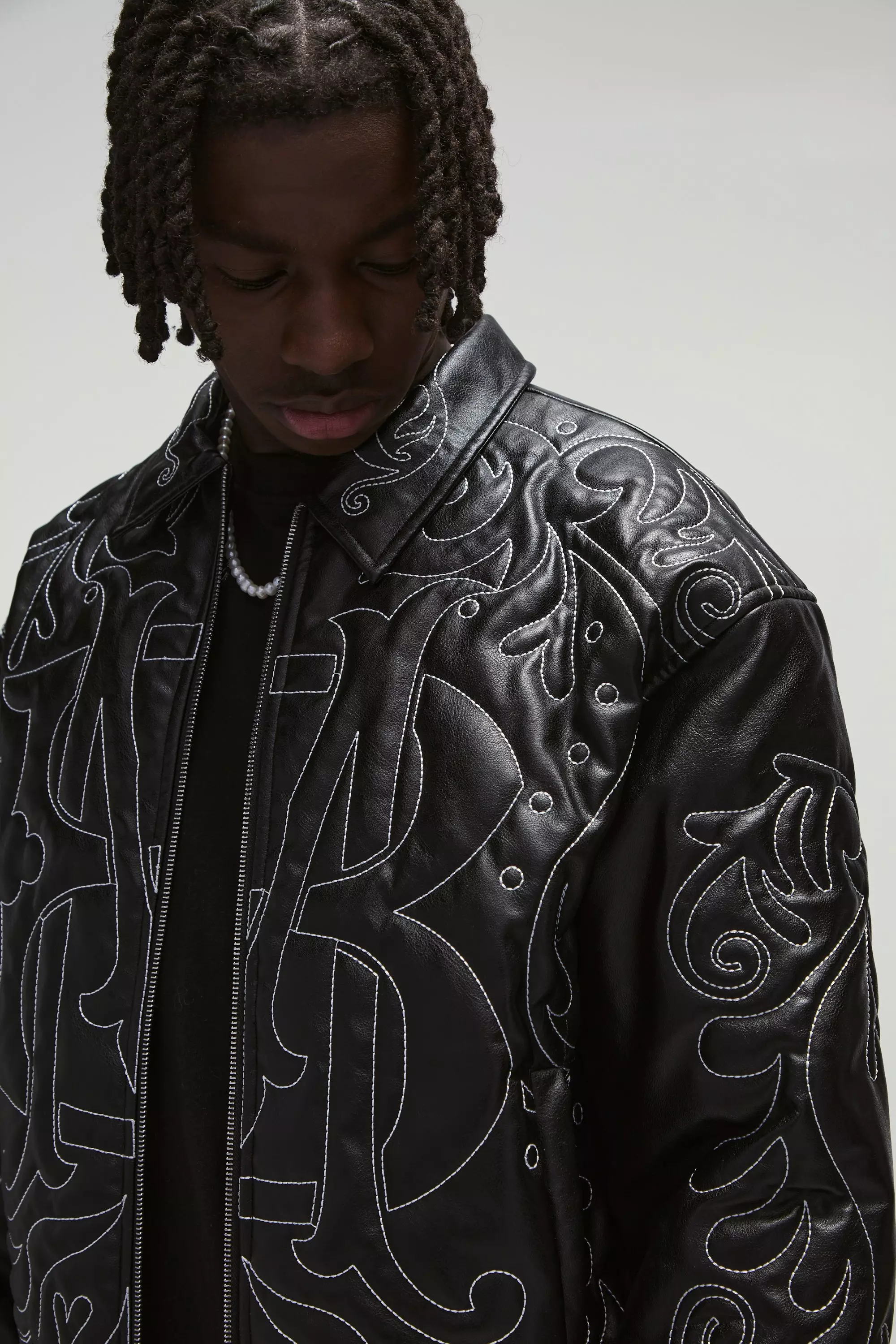 Boxy PU All Over Embroidered Bomber Jacket | boohooMAN USA