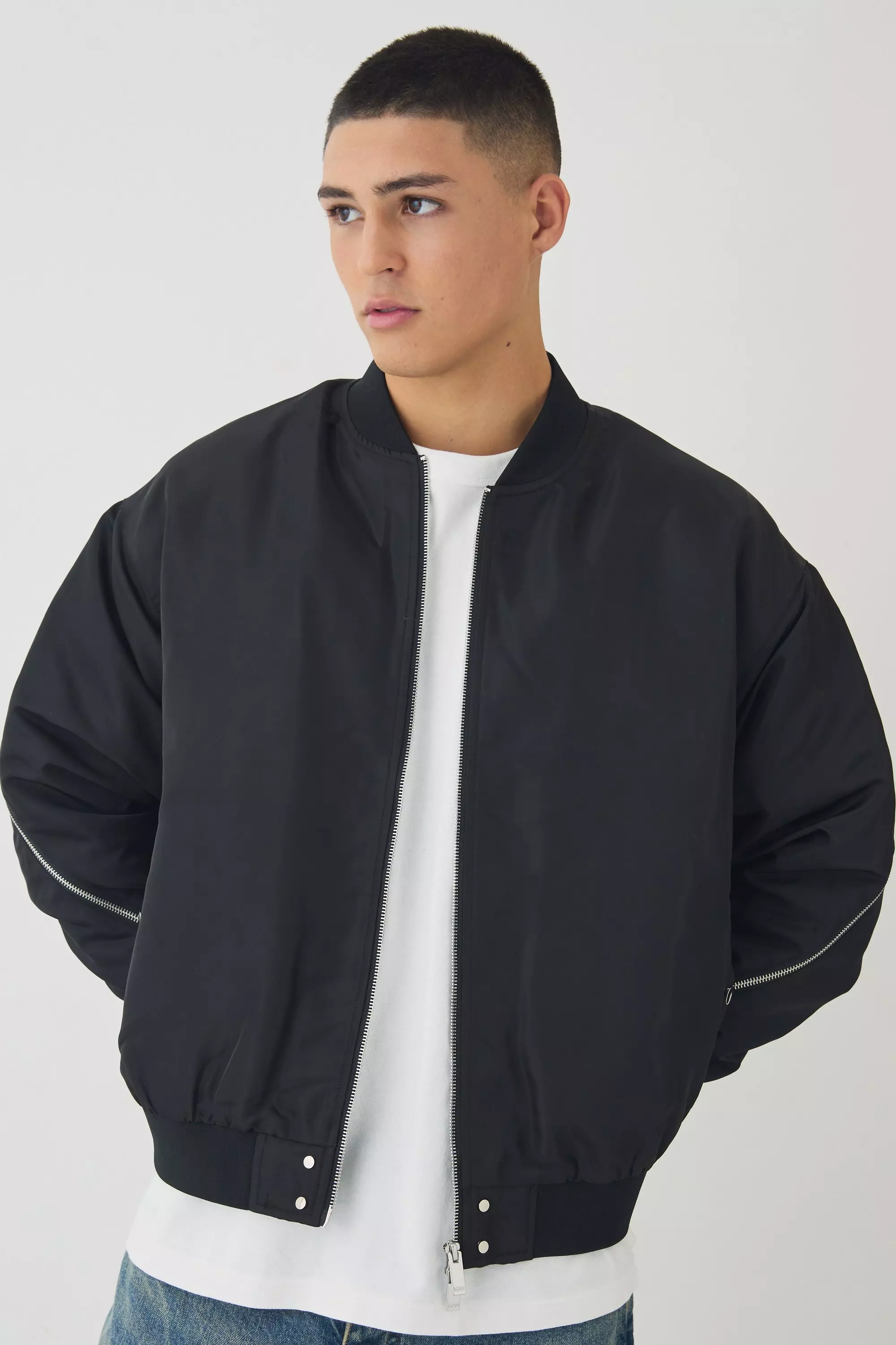 Black Oversized Boxy Zip Detail High Shine Bomber Jacket