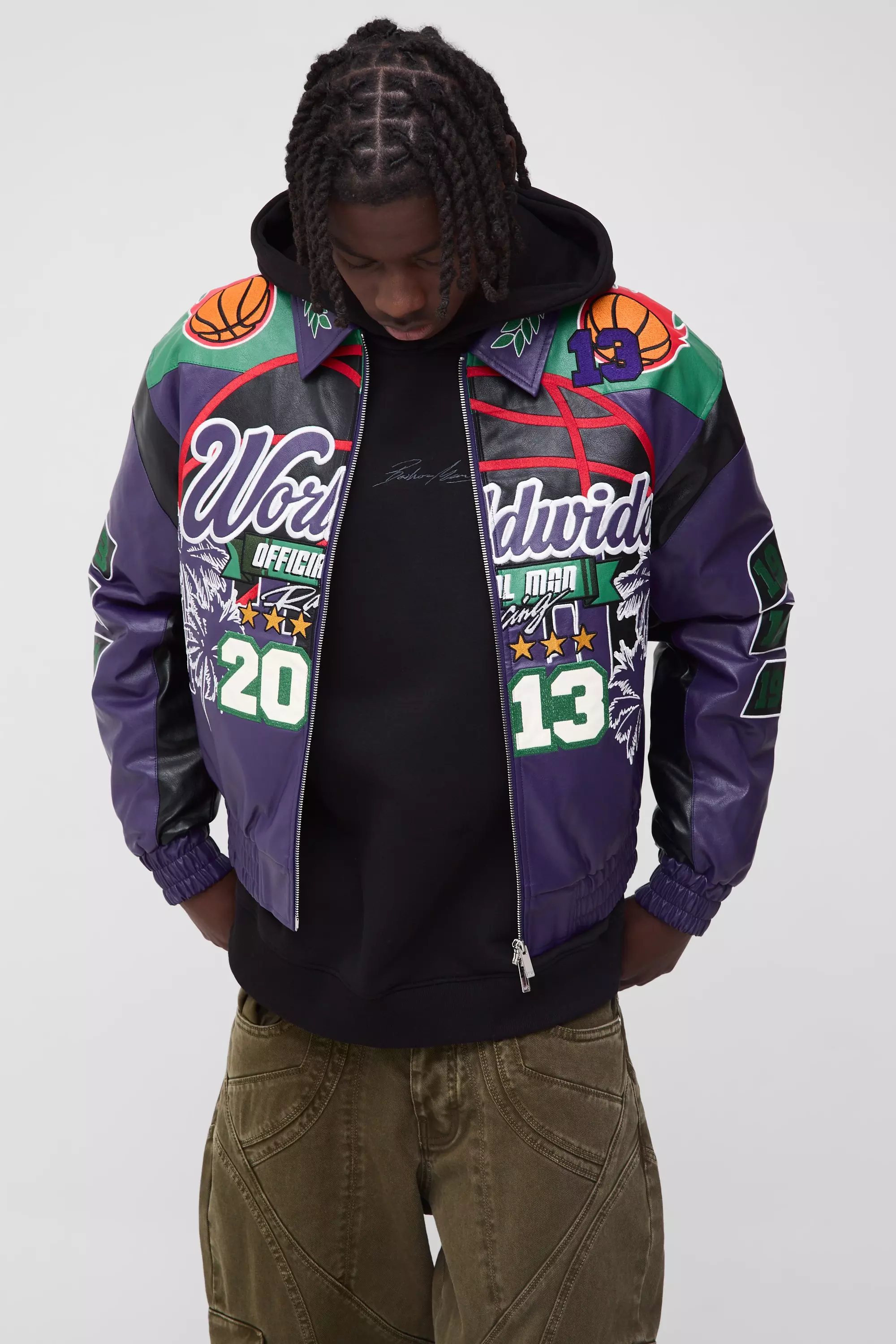 Boxy Worldwide PU Badge Varsity Jacket In Purple Purple