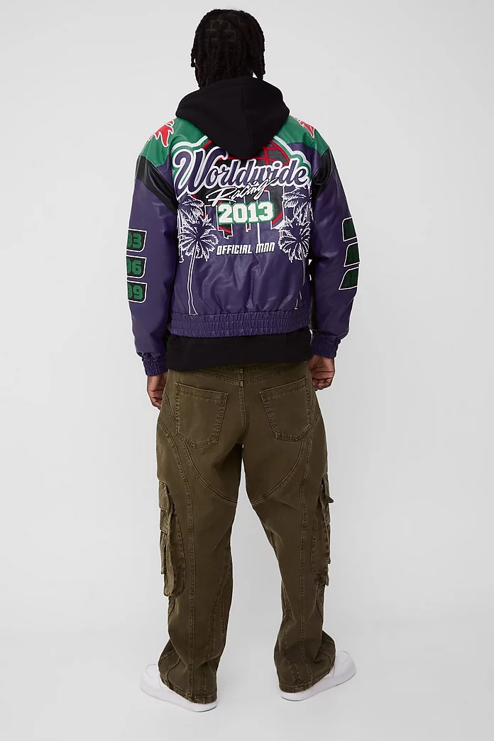 Boxy Worldwide PU Badge Varsity Jacket In Purple | boohooMAN USA Boxy Worldwide PU Badge Varsity Jacket In Purple | boohooMAN USA
