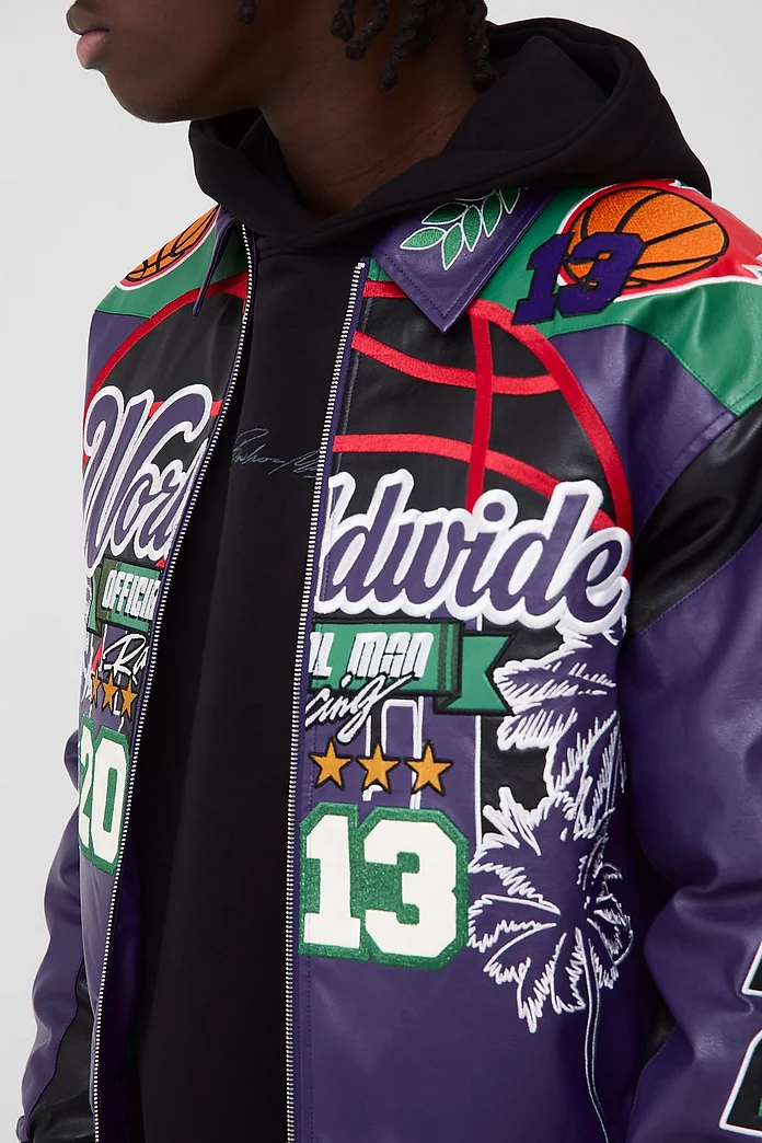 Boxy Worldwide PU Badge Varsity Jacket In Purple | boohooMAN USA Boxy Worldwide PU Badge Varsity Jacket In Purple | boohooMAN USA