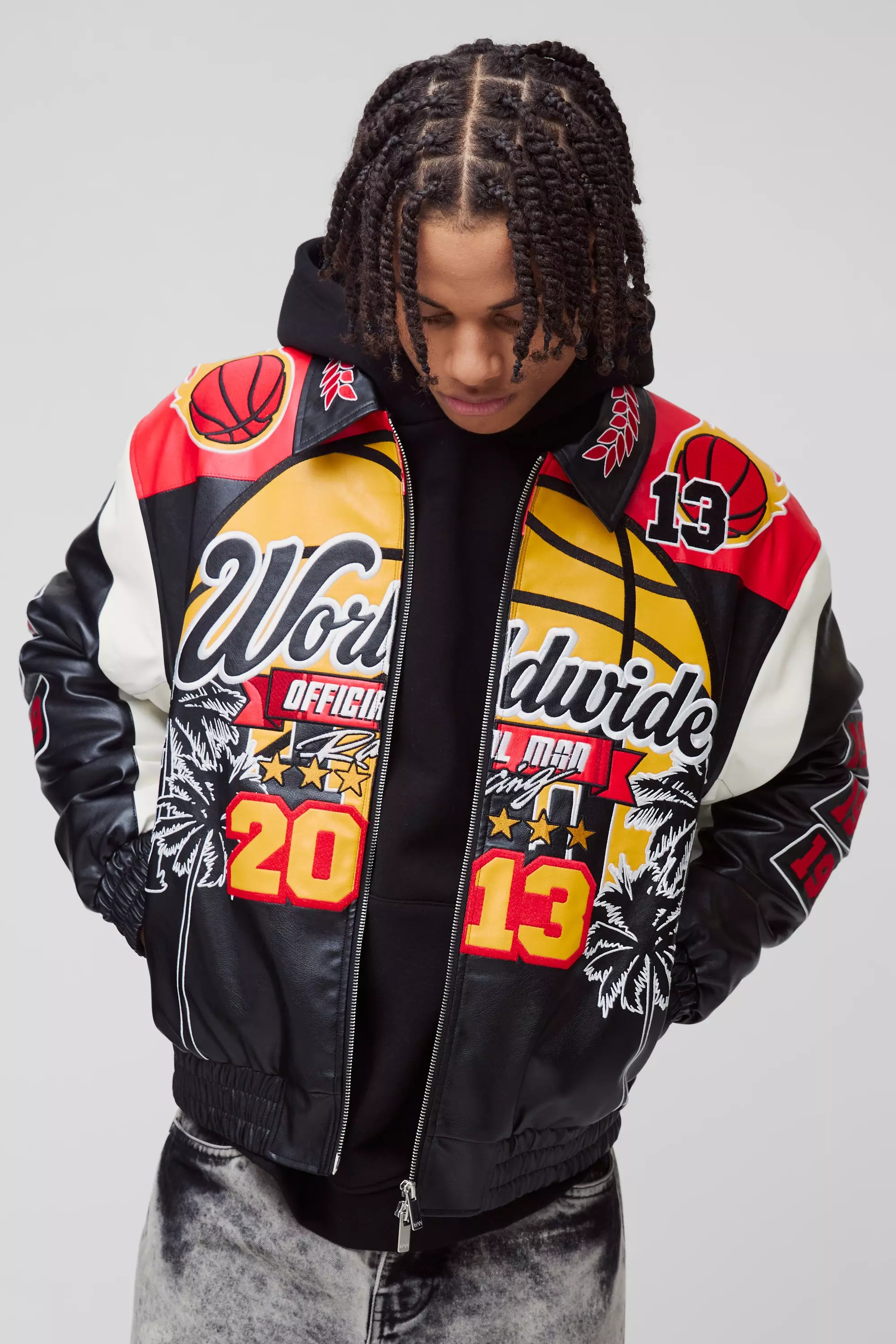 Boxy Worldwide PU Badge Varsity Jacket In Black Black