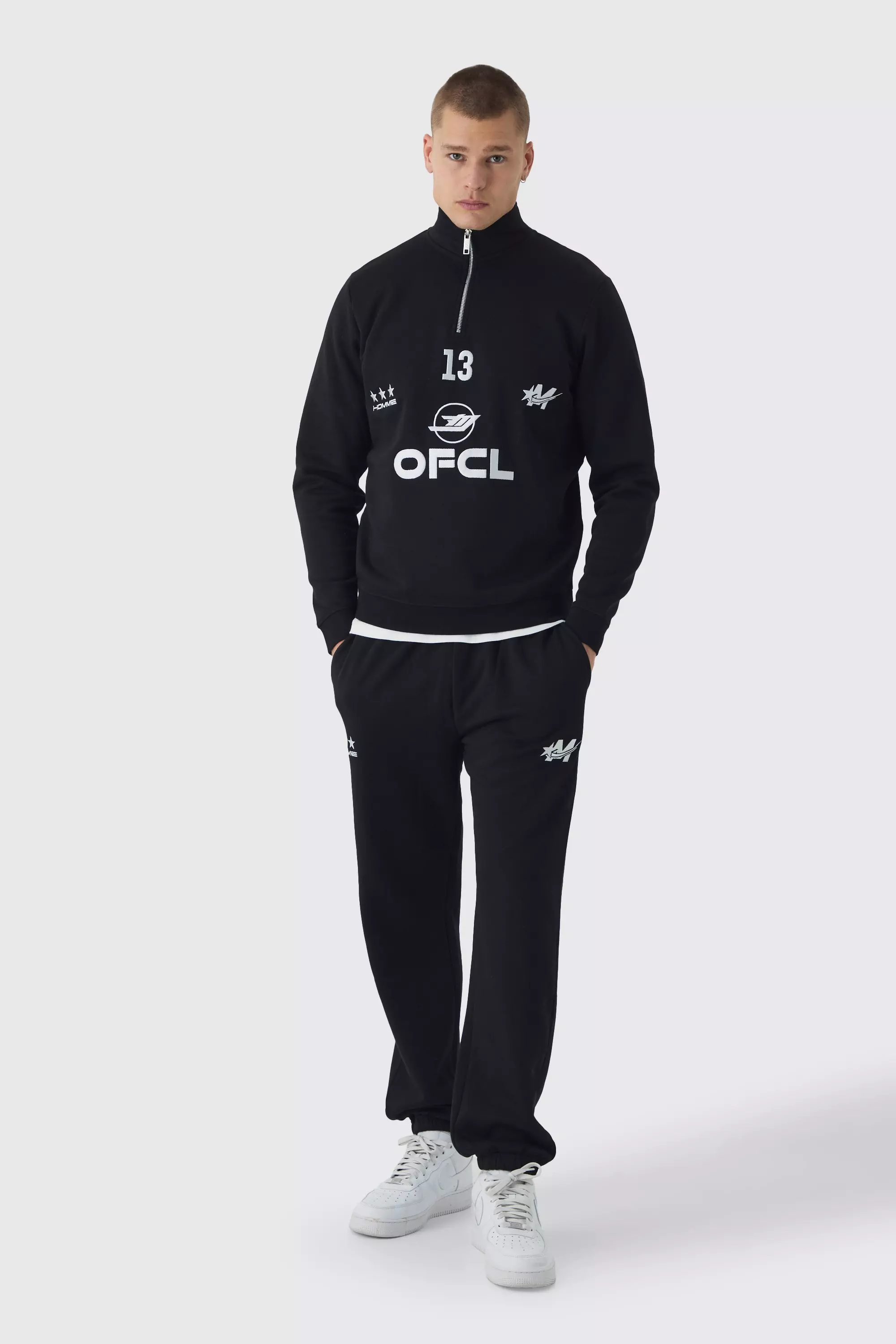 Regular Fit OFCL Embroidered Funnel Neck Tracksuit boohooMAN USA